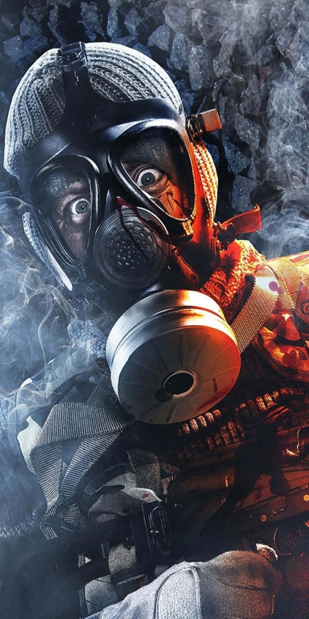 Pixel 3 Battlefield 3 桌布 壁紙 — 一名戴著防毒面具、睜大眼睛的士兵，在岩石背景下透過煙霧凝視。