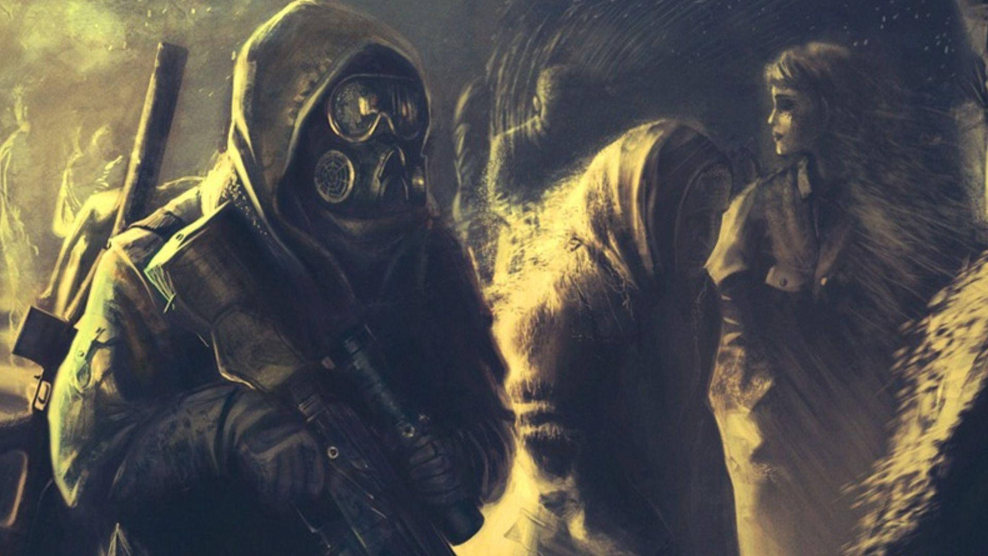 4K Metro 2033 桌布 壁紙 — 一名戴著防毒面具和戰術裝備的士兵站在煙霧彌漫、飽受戰爭蹂躪的環境中，附近有一個年輕女孩。