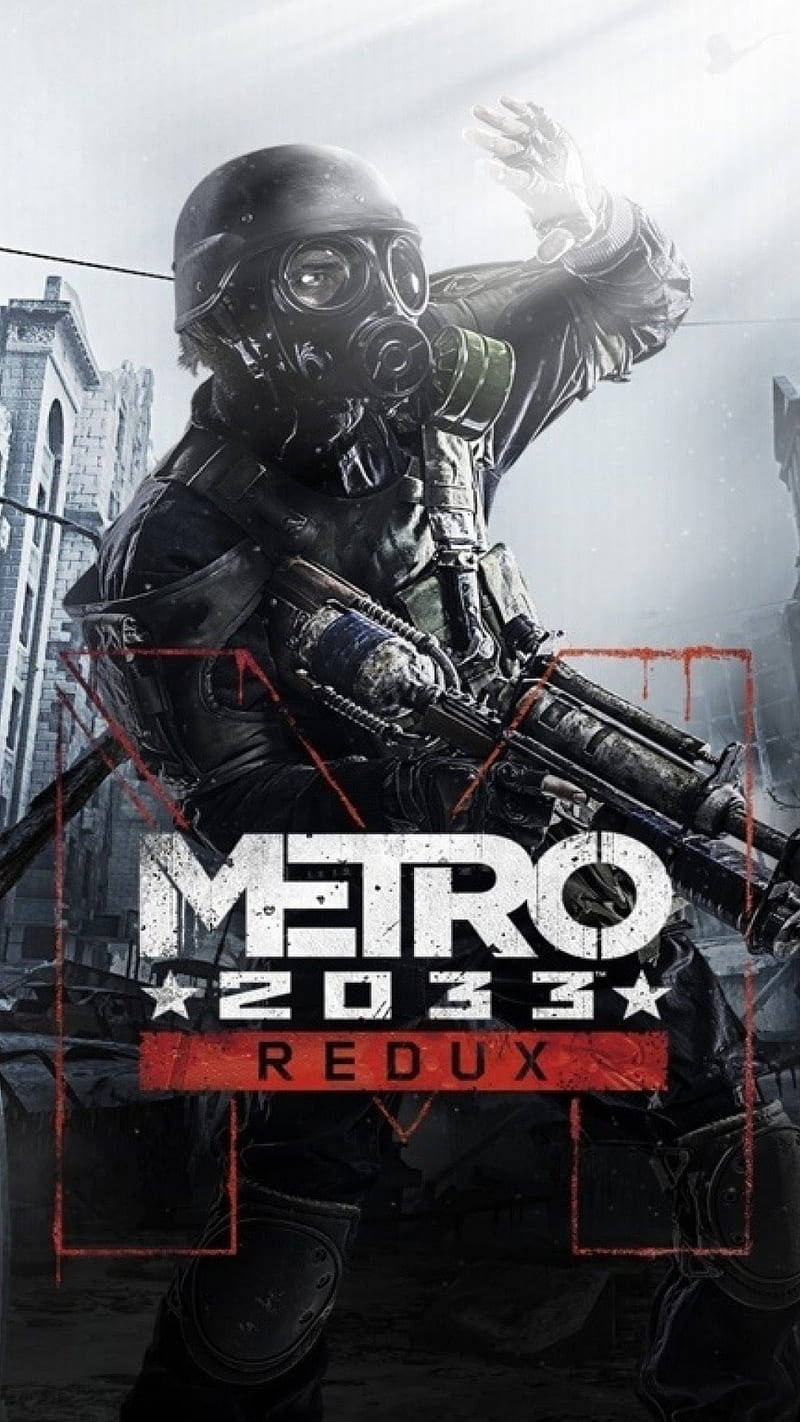 Metro Phone 桌布 壁紙 — 一名戴著防毒面具和戰術裝備的士兵，在灰色天空下，於廢墟城市建築物中手持步槍。