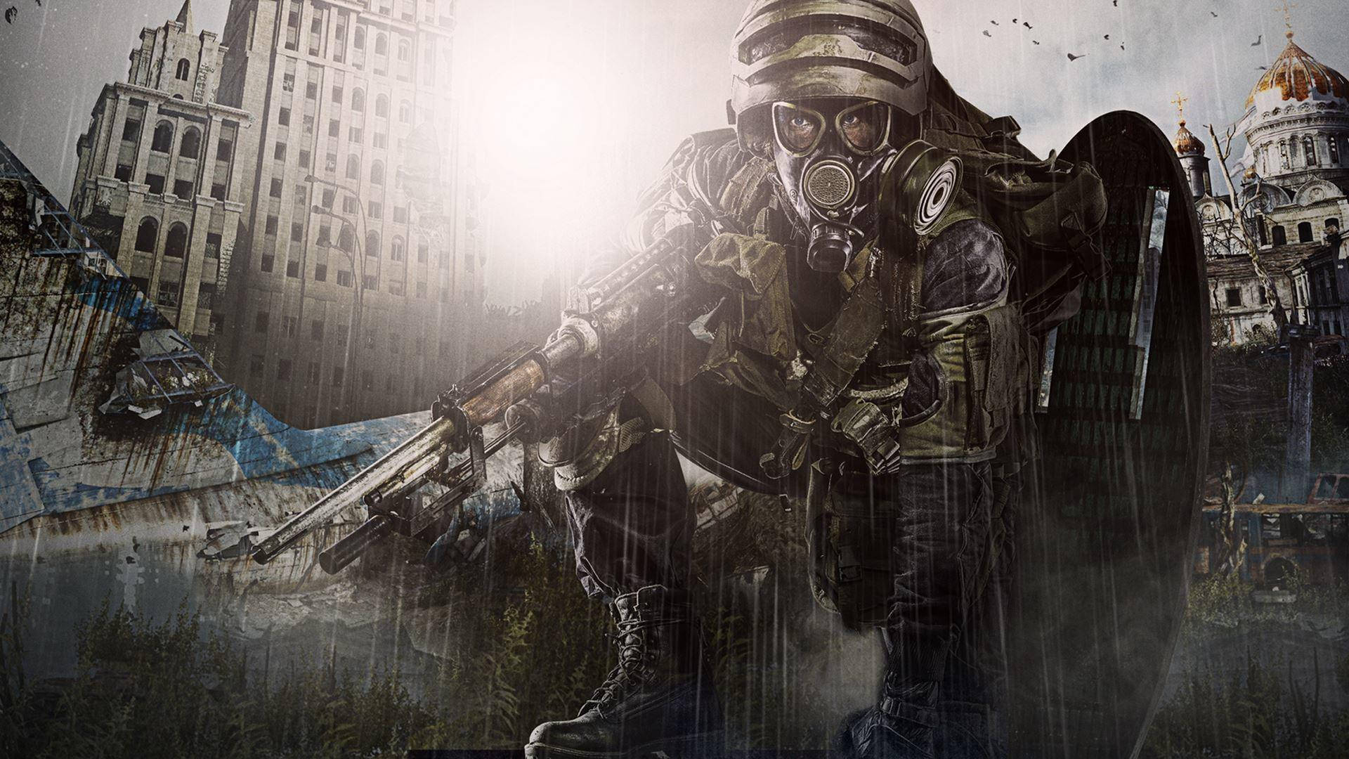 soldier 桌布 壁紙 — 一名戴著防毒面具和戰術裝備的士兵，在雨淋濕透的廢墟城市景觀中前進，周圍是破損的建築物和瓦礫。