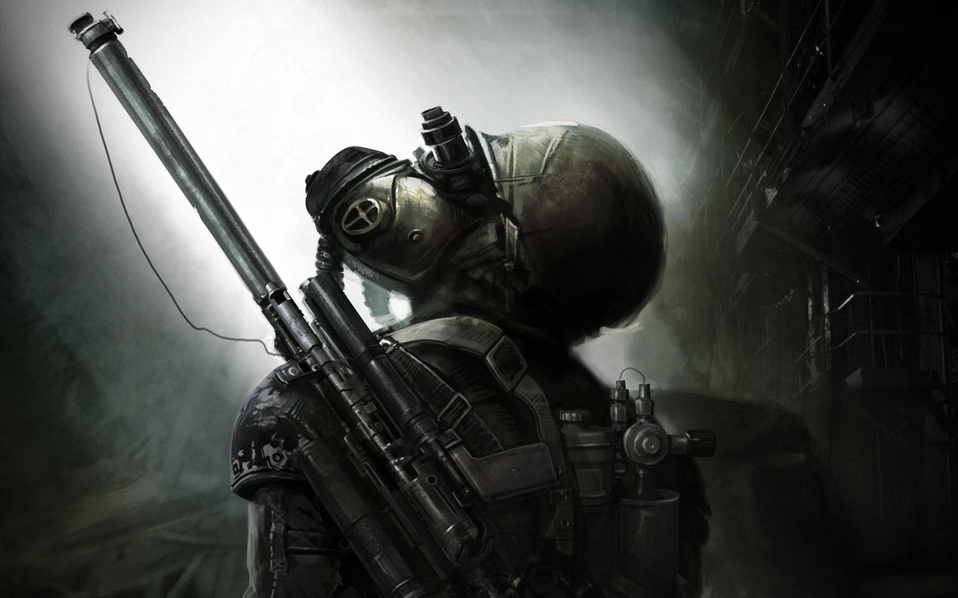 Metro 2033 桌布 壁紙 — 一名戴著防毒面具和戰術裝備的士兵站在煙霧瀰漫的廢墟城市小巷中，手持步槍。