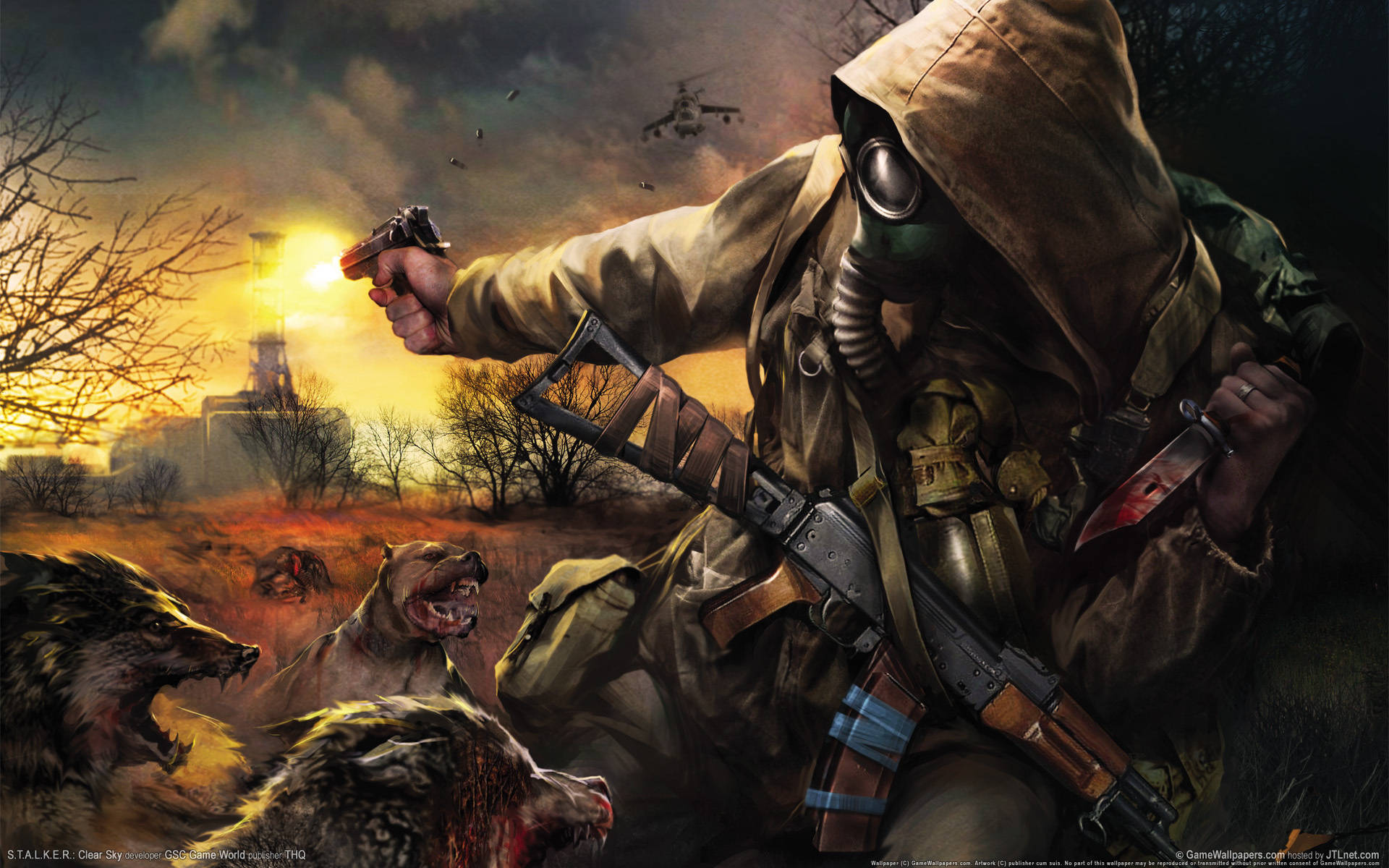 Stalker 桌布 壁紙 — 一名戴著防毒面具和步槍的連帽士兵在日落時分的烈火末日後荒原上與咆哮的狼群對峙。