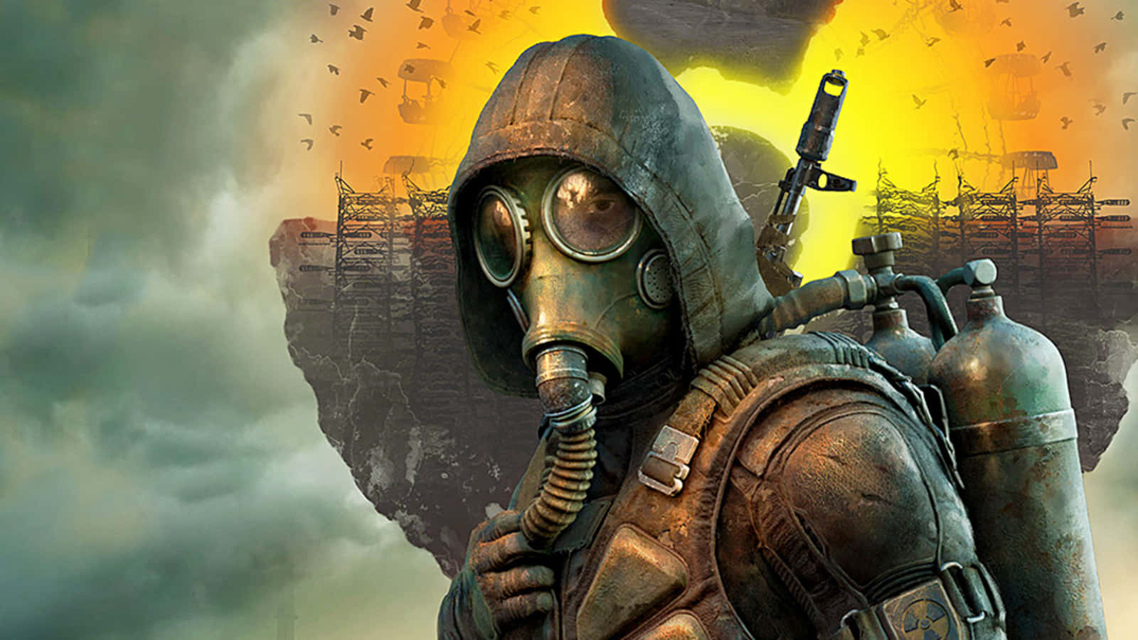 Game Art 桌布 壁紙 — 一名戴著防毒面具和盔甲的士兵站在有毒黃色天空下的廢墟城市景觀前。