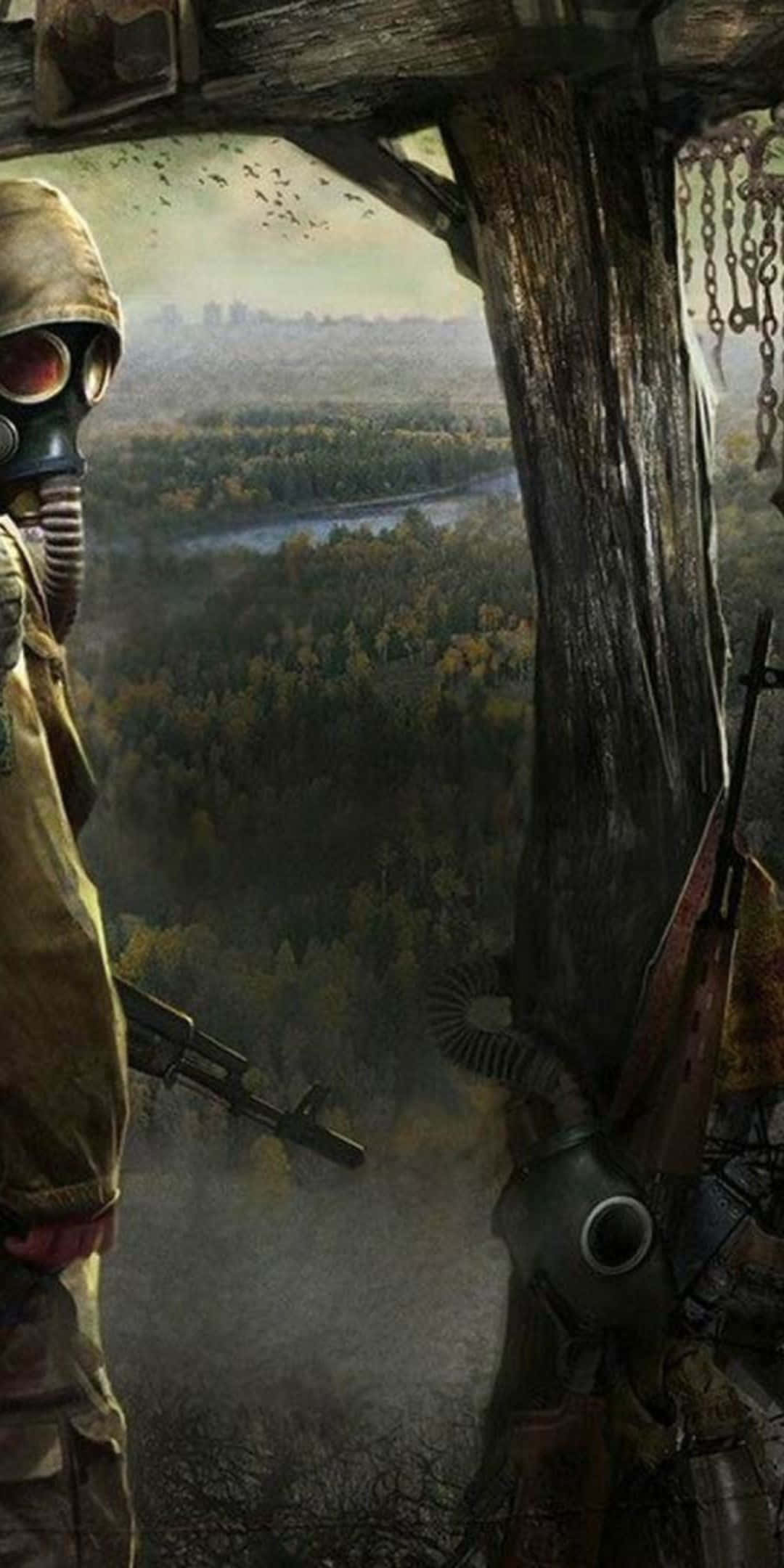 Pixel 3 Fallout 76 桌布 壁紙 — 一名戴著防毒面具和軍事裝備的士兵站在廢棄的木結構中，俯瞰霧氣瀰漫的秋日森林山谷。