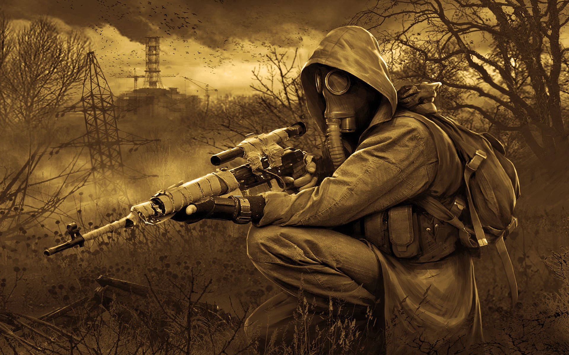 Stalker 桌布 壁紙 — 一名戴著防毒面具和連帽裝備的士兵，在荒涼的棕褐色廢土中蹲伏，手持狙擊步槍，周圍有光禿的樹木和工業廢墟。