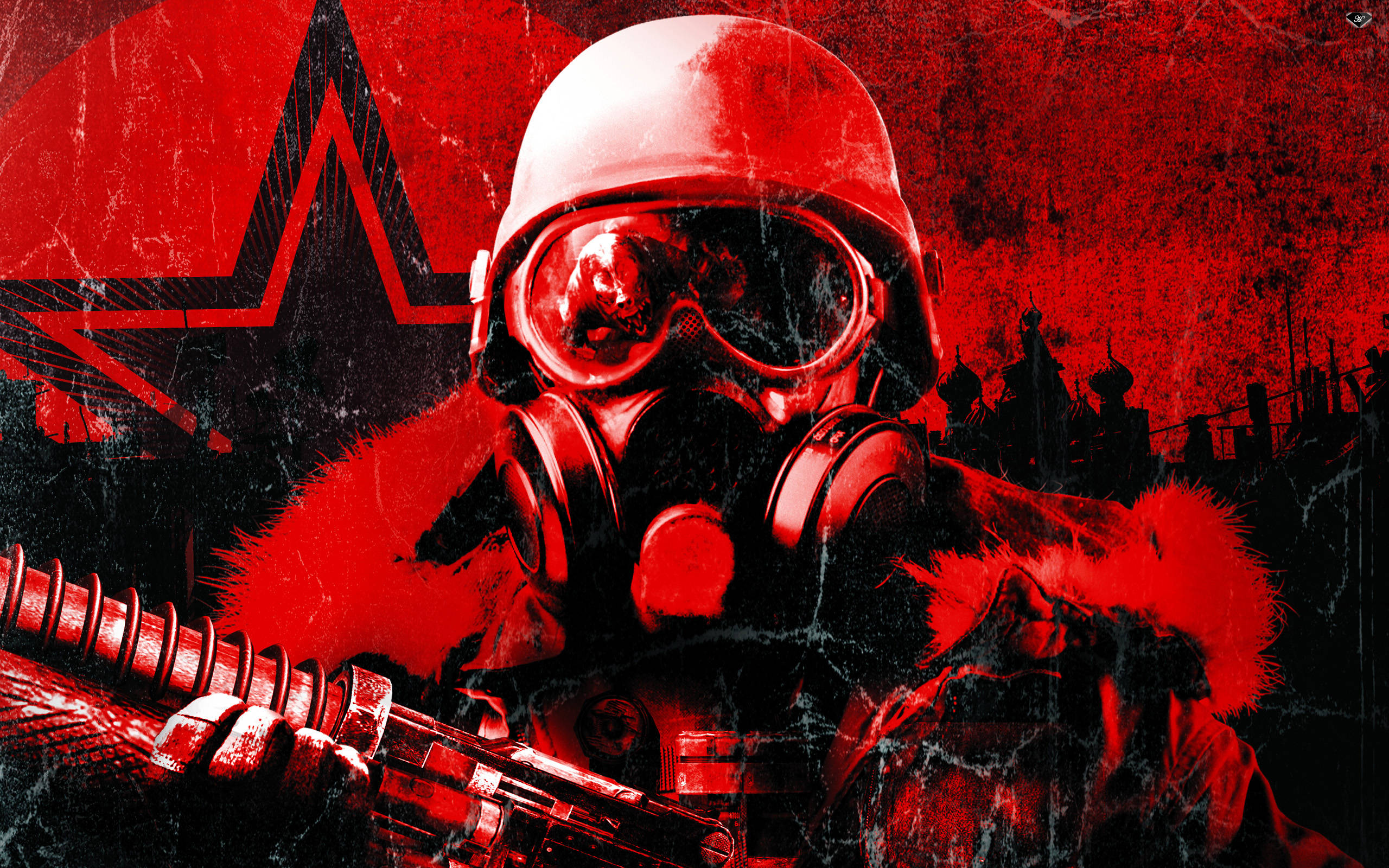 Metro 2033 桌布 壁紙 — 一名戴著防毒面具和頭盔的士兵，在紅色星星背景和粗糙的城市天際線前手持步槍。