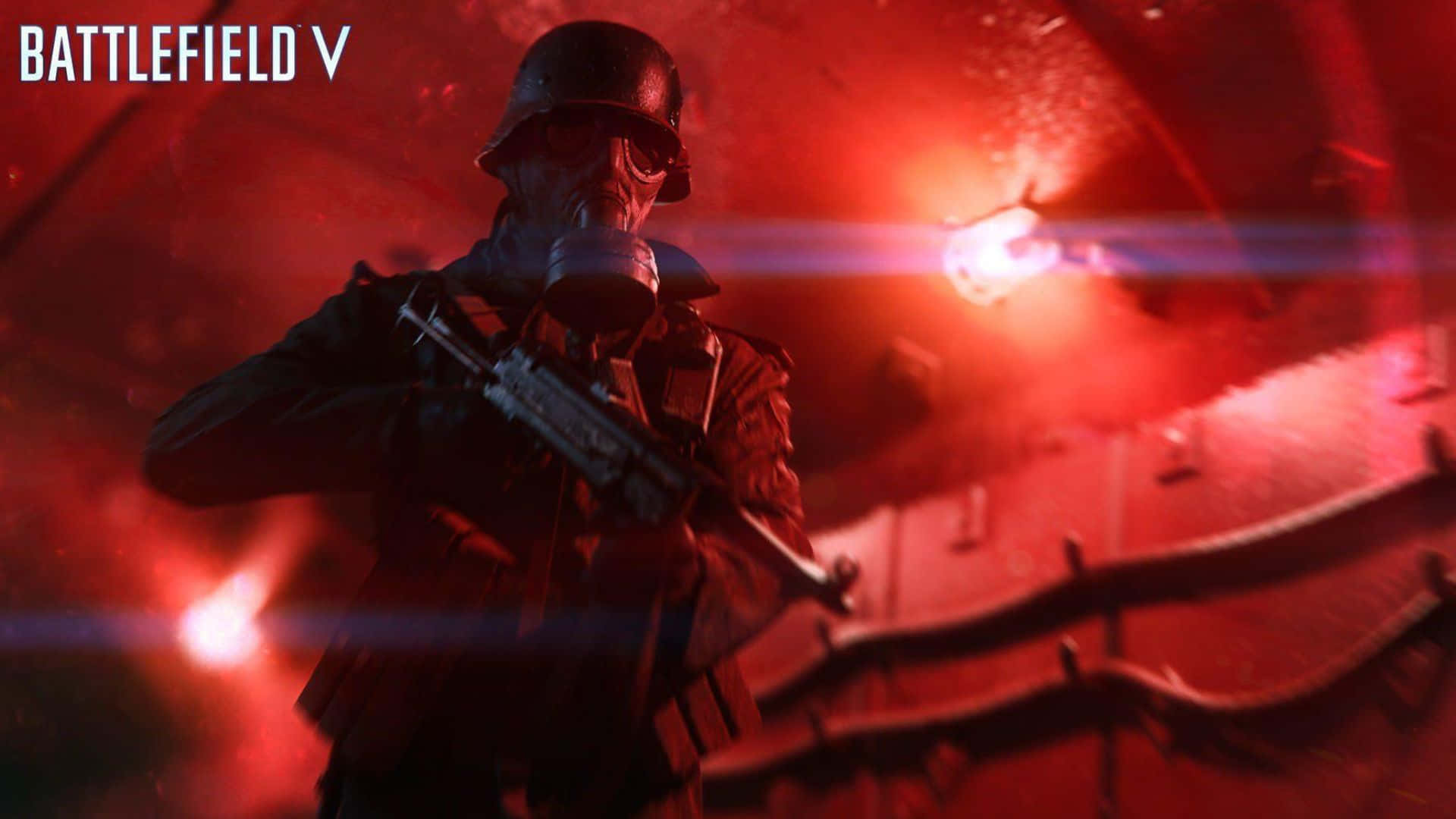 1080p Battlefield V 桌布 壁紙 — 一名戴著防毒面具和頭盔的士兵，在戰火摧殘的隧道中，於強烈紅光及鏡頭光暈下持步槍。