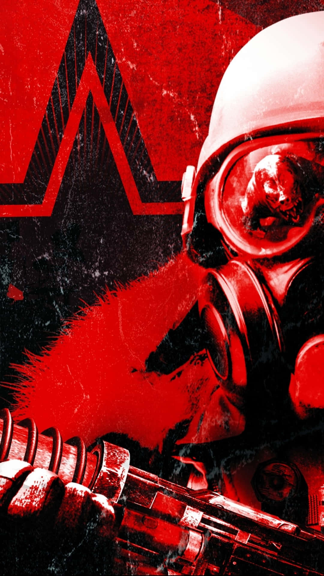 Metro 2033 桌布 壁紙 — 一名戴著防毒面具和頭盔的士兵，在帶有風格化星星的粗糙紅黑背景上握著步槍。