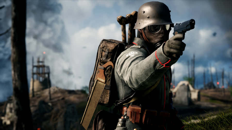 All Games 桌布 壁紙 — 一名戴著防毒面具和頭盔的士兵在煙霧和廢墟的戰場上瞄準手槍。