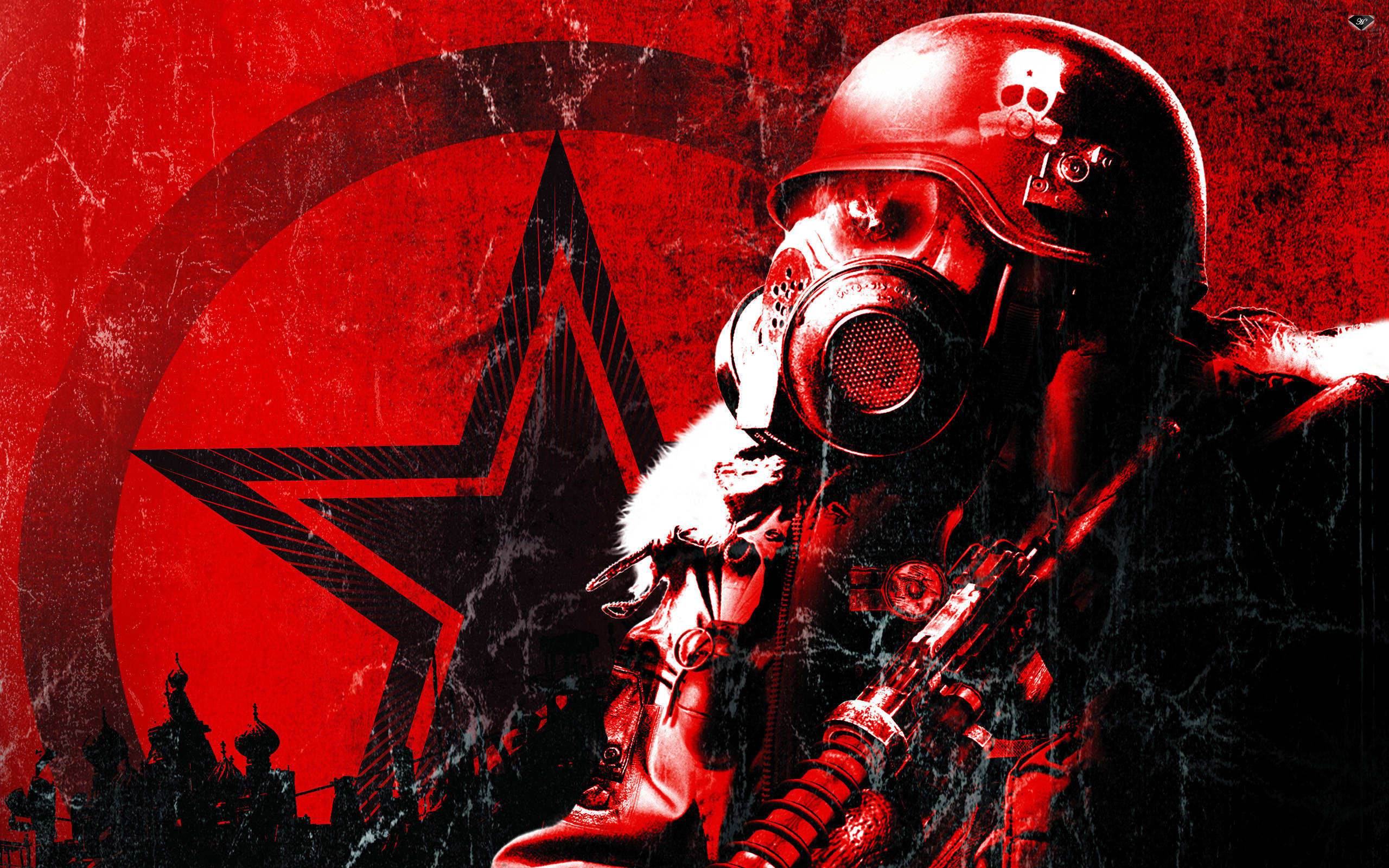 Metro 2033 桌布 壁紙 — 一名戴著防毒面具和頭盔的士兵站在一個紅色星星標誌前，背景是磨損的紅色背景，上面有城市輪廓。