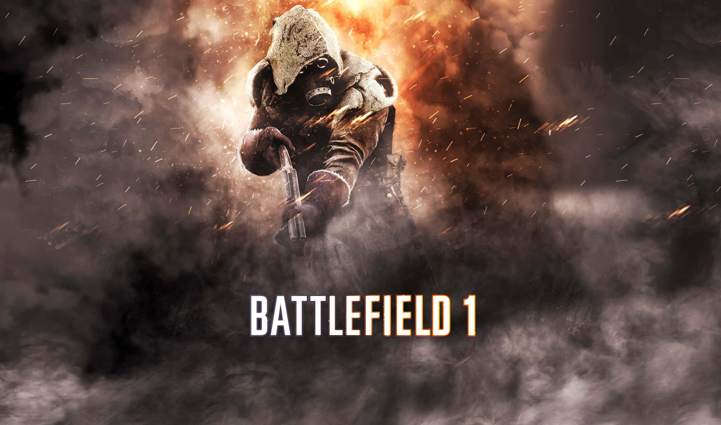 2440x1440 Battlefield 1 桌布 壁紙 — 一名戴著防毒面具的士兵在《Battlefield 1》宣傳場景中，穿過煙霧和火焰，手持步槍向前衝鋒。