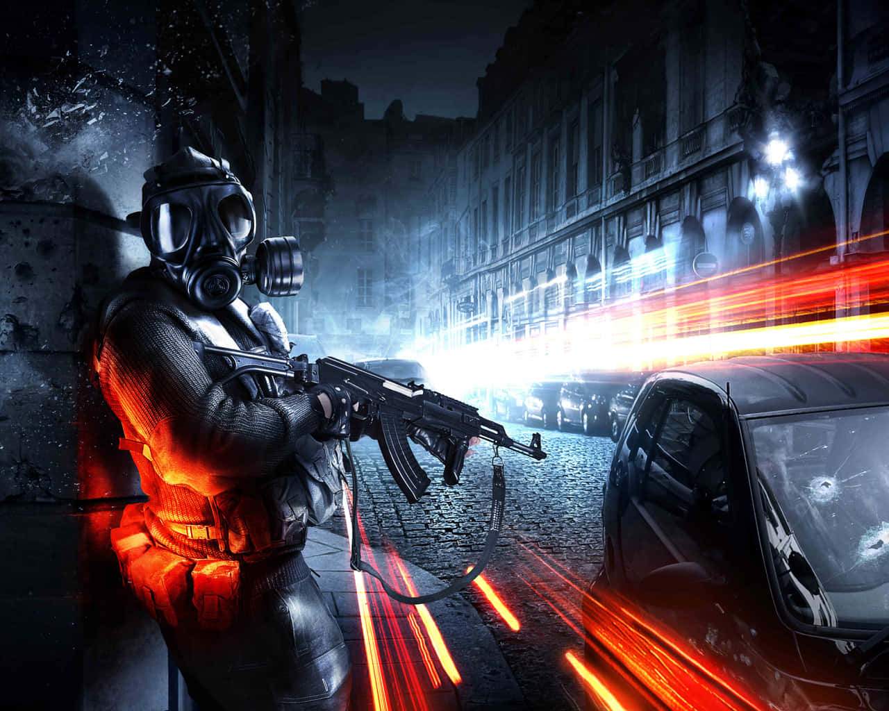 Battlefield 3 桌布 壁紙 — 一名戴著防毒面具的士兵在夜晚霓虹燈閃爍的都市街道上開火射擊步槍，伴隨著紅色光軌。