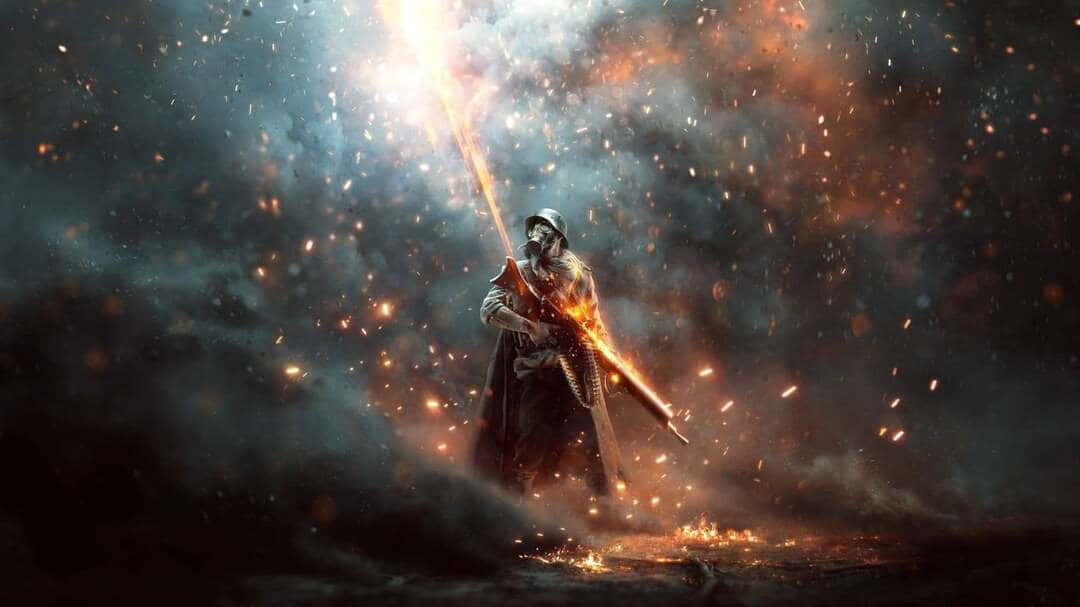 soldier 桌布 壁紙 — 一名戴著防毒面具的士兵在明亮燈光下，於火花和煙霧風暴中開火步槍。