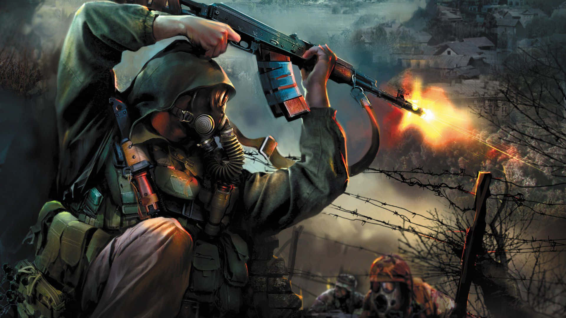 1920 X 1080 HD Gaming 桌布 壁紙 — 一名戴著防毒面具的士兵在煙霧瀰漫的戰場上開火，周圍有鐵絲網和遠處燃燒的建築物。