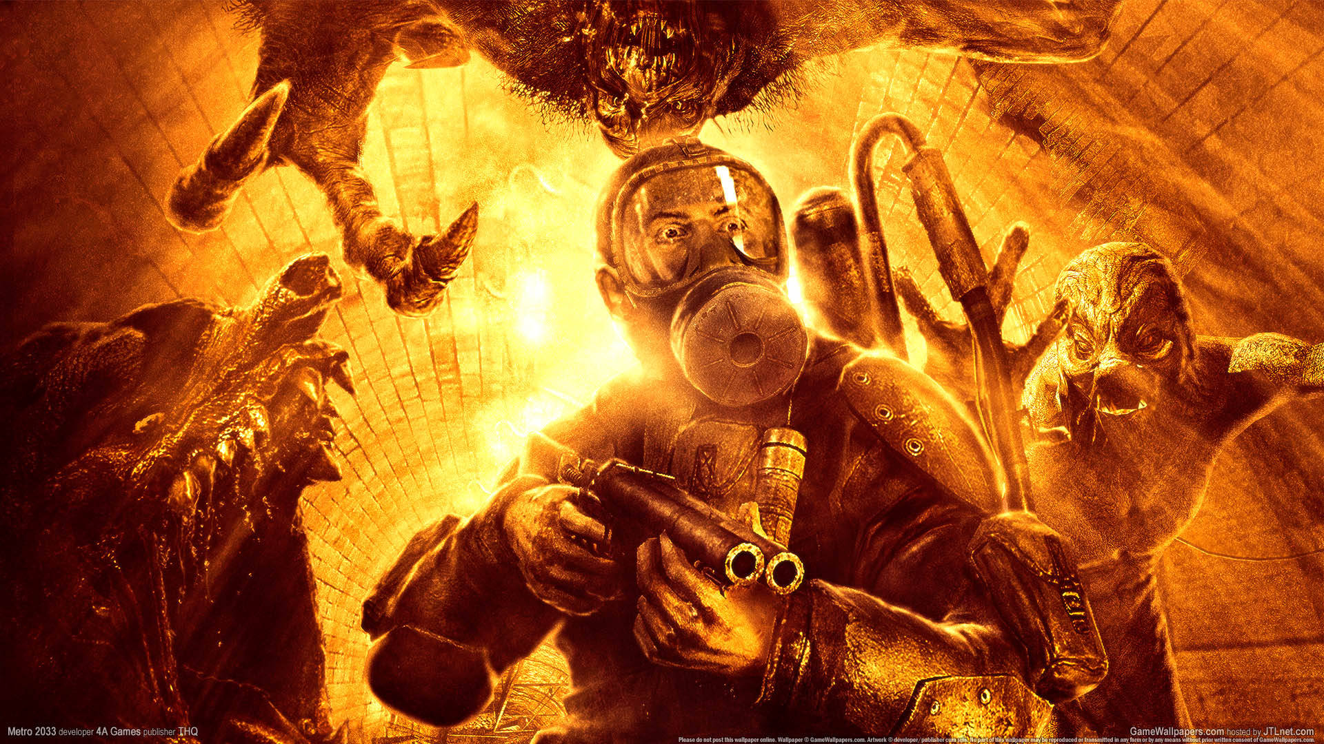 Metro 2033 桌布 壁紙 — 一名戴著防毒面具的士兵在燃燒的地下隧道中向怪誕的變異體開火。