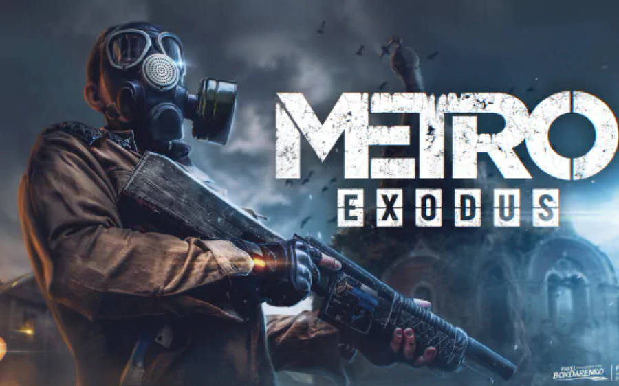game 桌布 壁紙 — 一名戴著防毒面具的士兵在陰暗、廢墟的城市背景下握著步槍，遊戲標題 Metro Exodus 顯眼地展示。