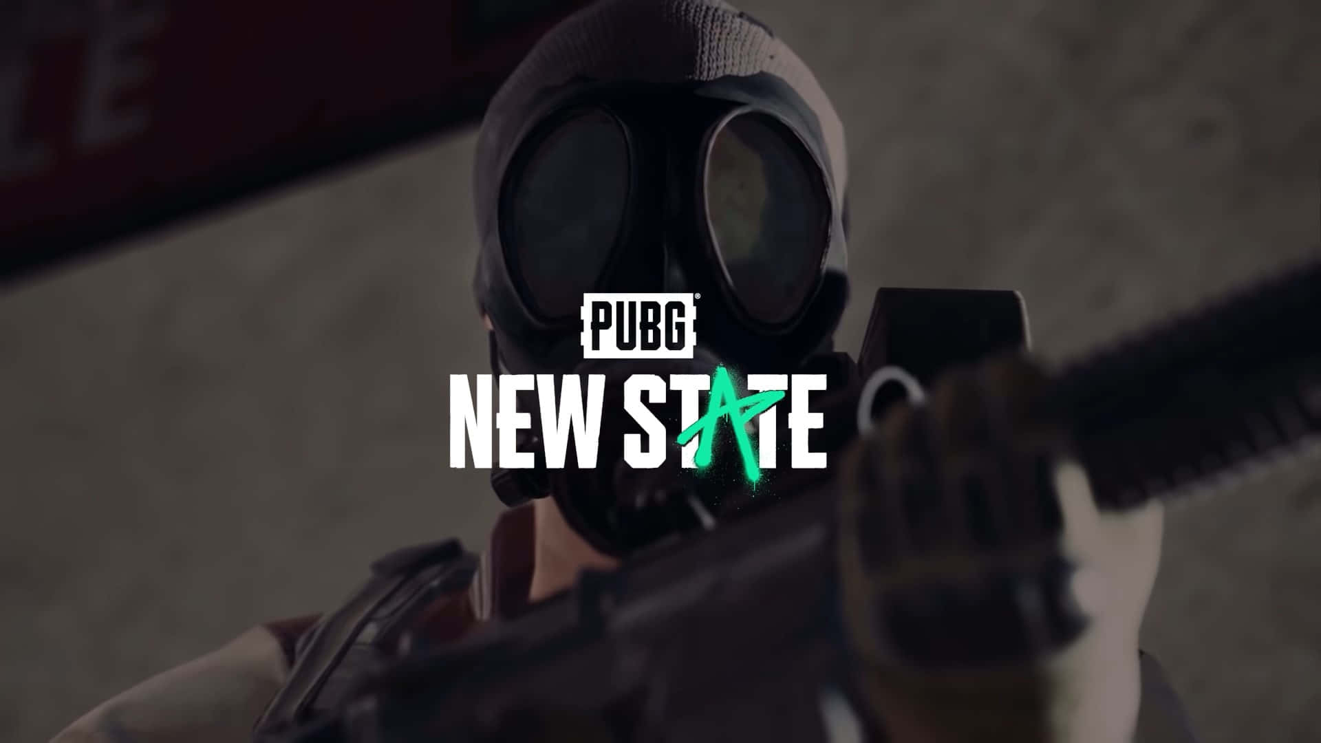 Pubg Logo 桌布 壁紙 — 一名戴著防毒面具的士兵瞄準步槍，中央的PUBG NEW STATE標誌發出綠色光芒。