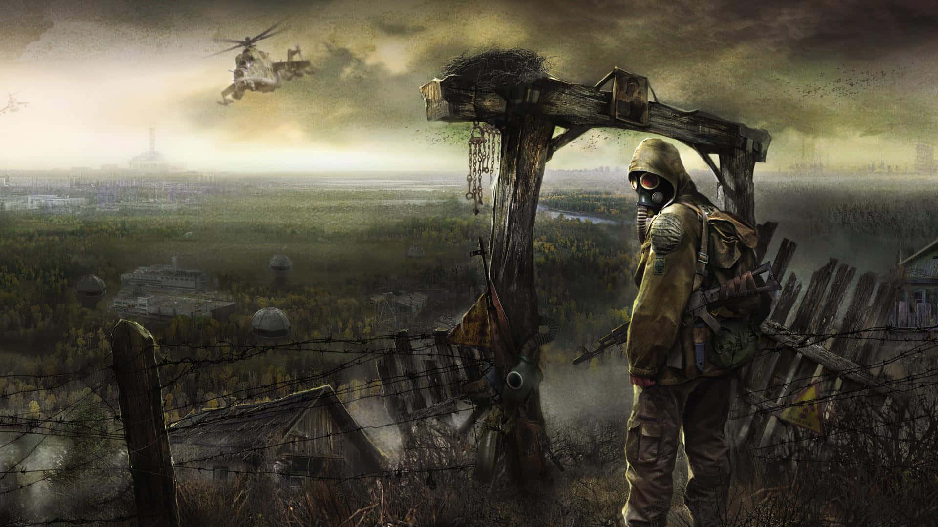 War Games 桌布 壁紙 — 一名戴著防毒面具的士兵站在破損的大門前，俯瞰著暴風雨天空下一個廢棄且雜草叢生的城市景觀。