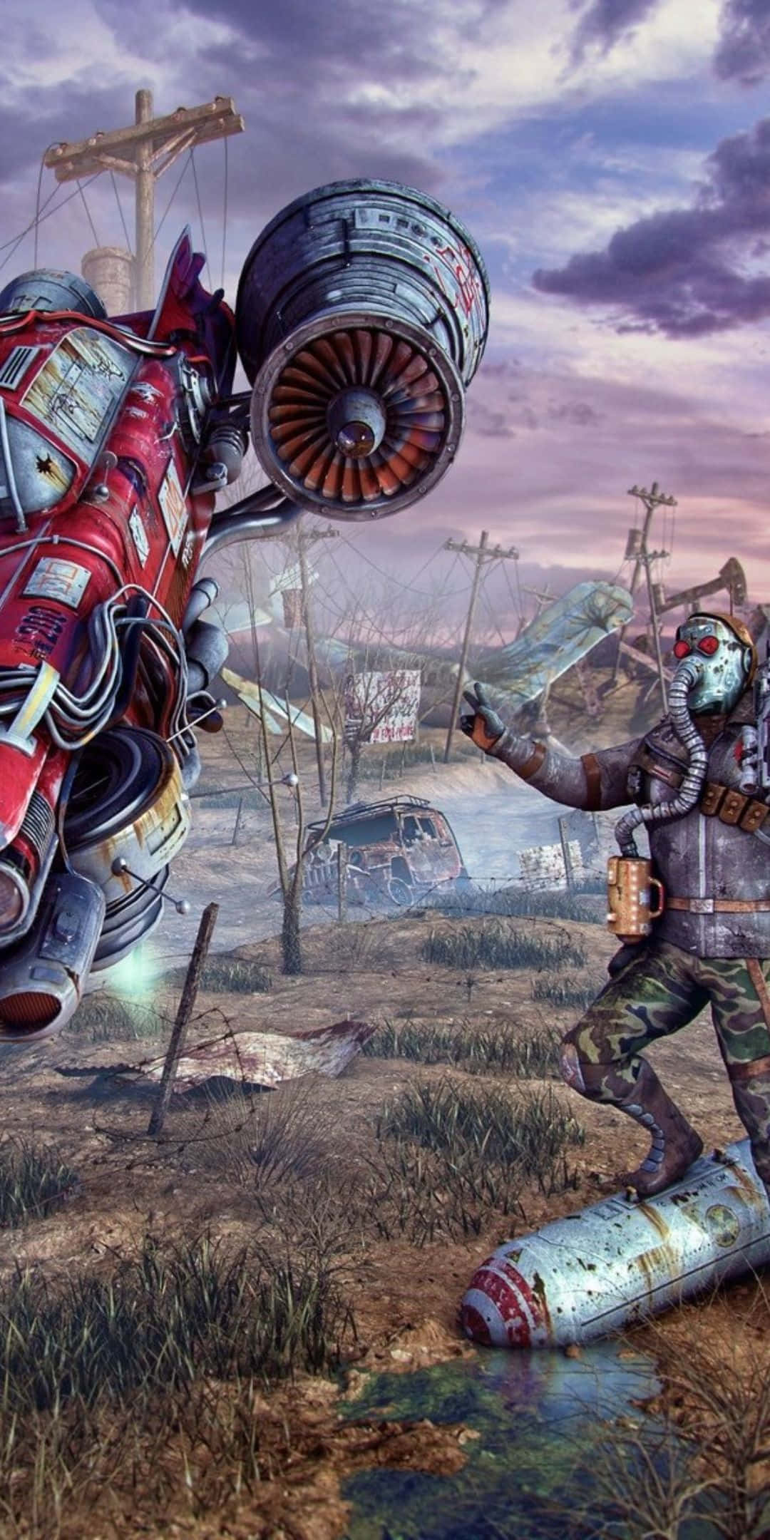 Pixel 3 Fallout 76 桌布 壁紙 — 一名戴著防毒面具的末日後戰士，在黃昏的廢墟景觀中與巨型機械生物戰鬥。