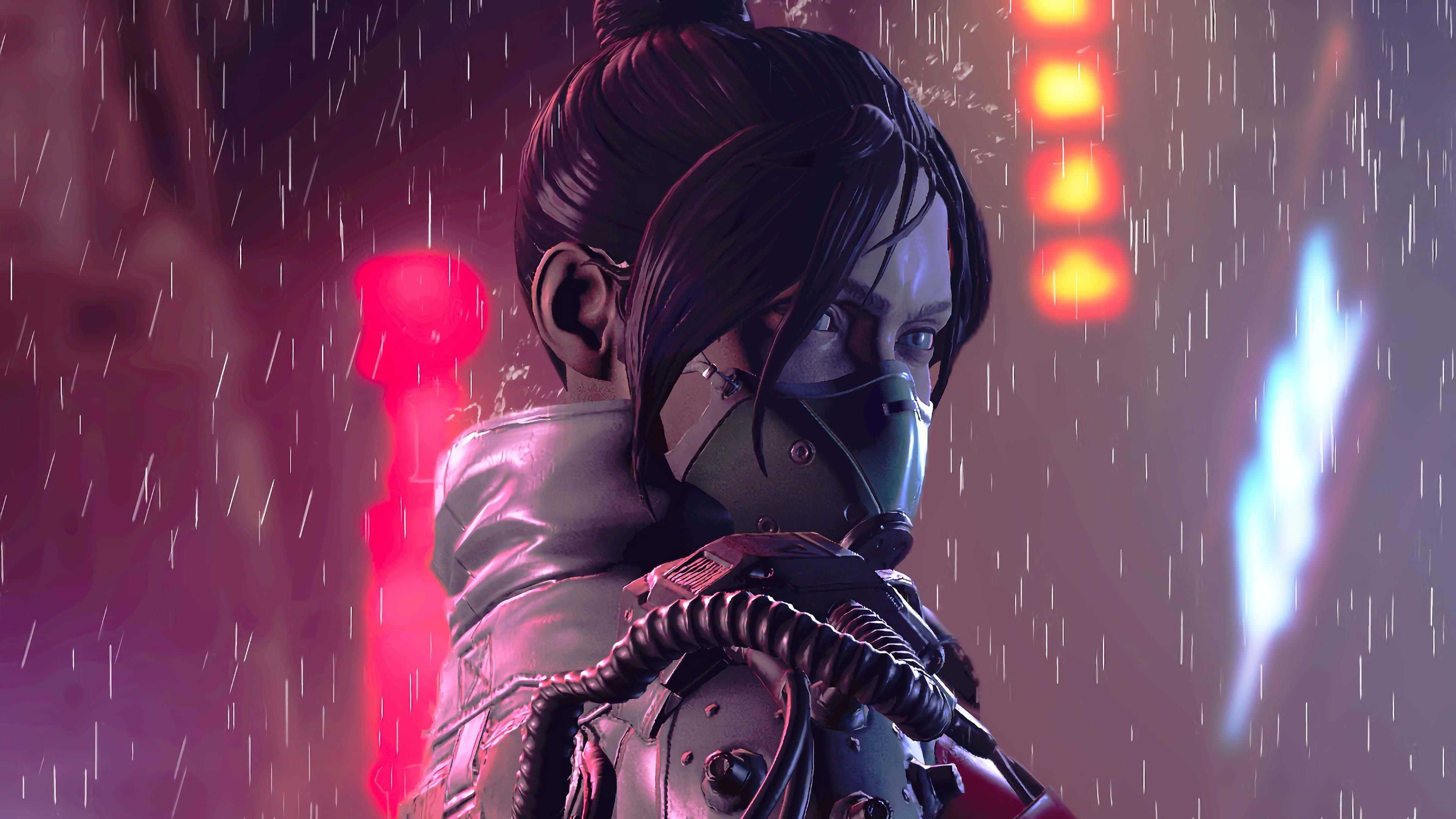 電玩遊戲 桌布 壁紙 — 一名戴著防毒面具的賽博龐克女性站在雨中，霓虹燈光下閃爍著紅色和藍色的標誌。