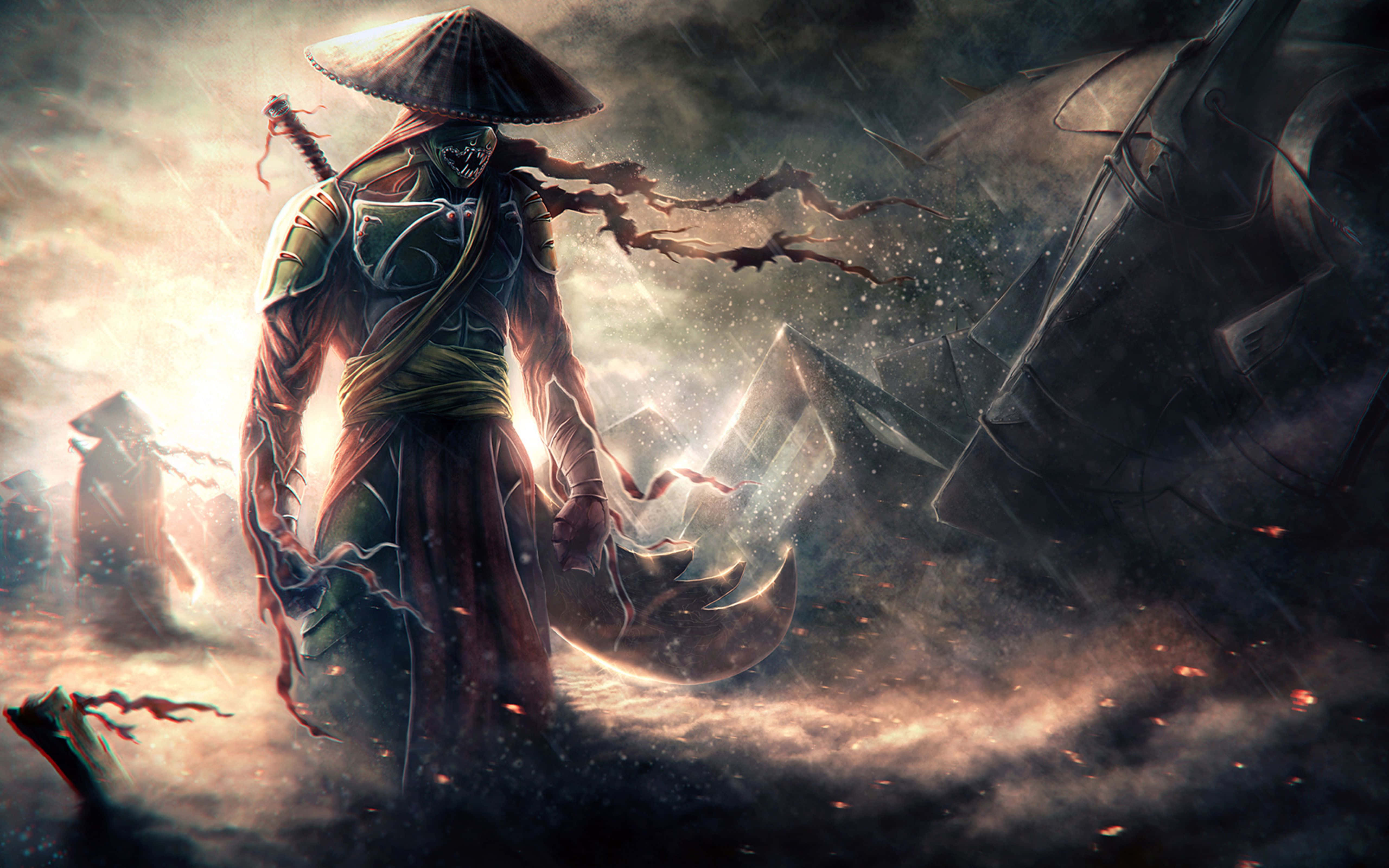 Samurai X 桌布 壁紙 — 一名戴著面具、身穿傳統盔甲的武士戰士，在暴風雨般的戰場上堅定地站立，周圍有發光的能量劈啪作響。