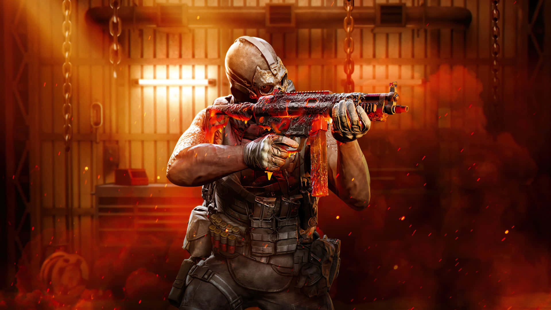 Cod 桌布 壁紙 — 一名戴著面具、身穿戰術裝備的士兵，在一個掛著鎖鏈、橙色火焰熊熊燃燒的監獄牢房中發射發光武器。