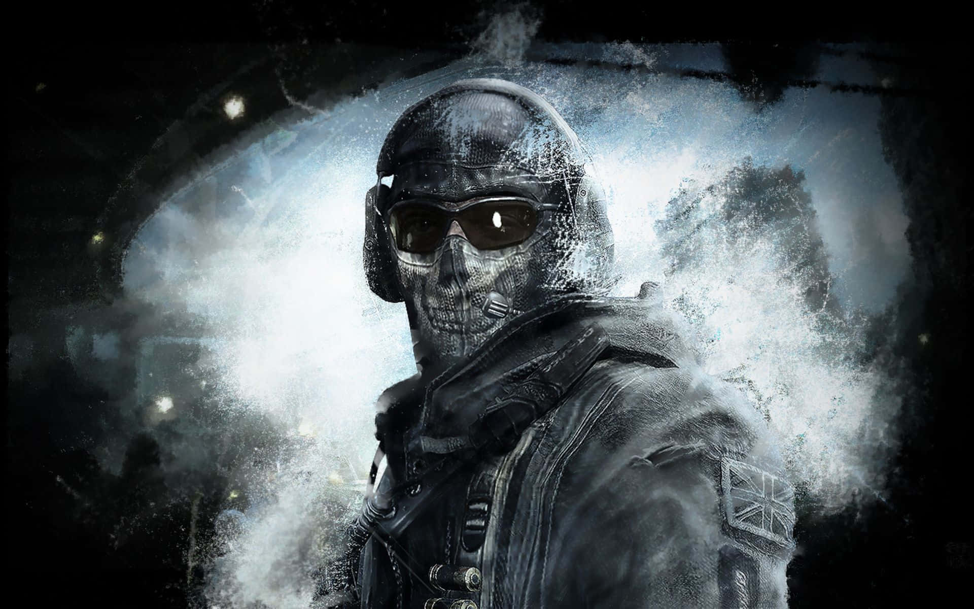 Call Of Duty Soldiers 桌布 壁紙 — 一名戴著面具、身穿戰術裝備的士兵站在一場刺眼的爆炸中，煙霧和碎片在他周圍旋轉。