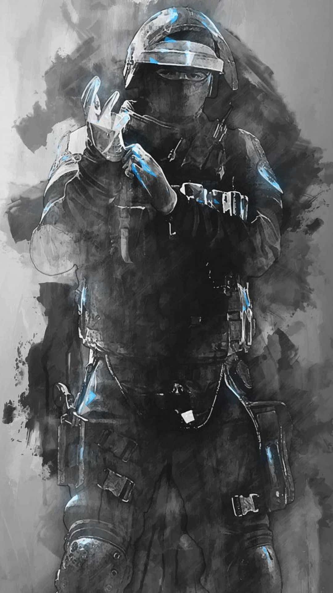 Rainbow Six Siege Operators 桌布 壁紙 — 一名戴著面具、身穿戰術裝備的士兵，在煙霧瀰漫的灰色背景下，手持帶有藍色高光的武器。