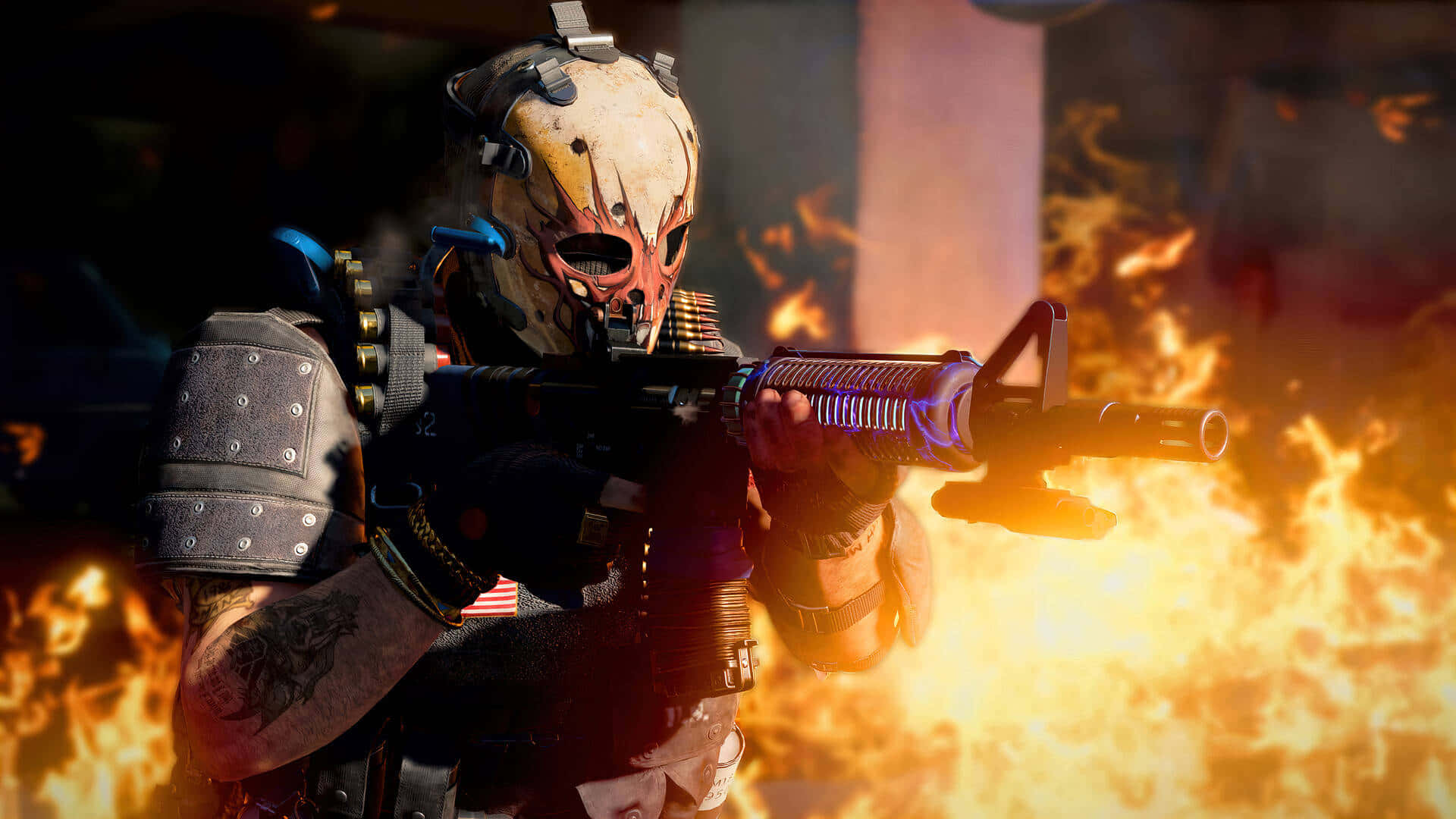 Call Of Duty Black Ops 桌布 壁紙 — 一名戴著面具、身穿戰術裝備的士兵在混亂的戰鬥場景中，於咆哮的火焰中開火射擊步槍。