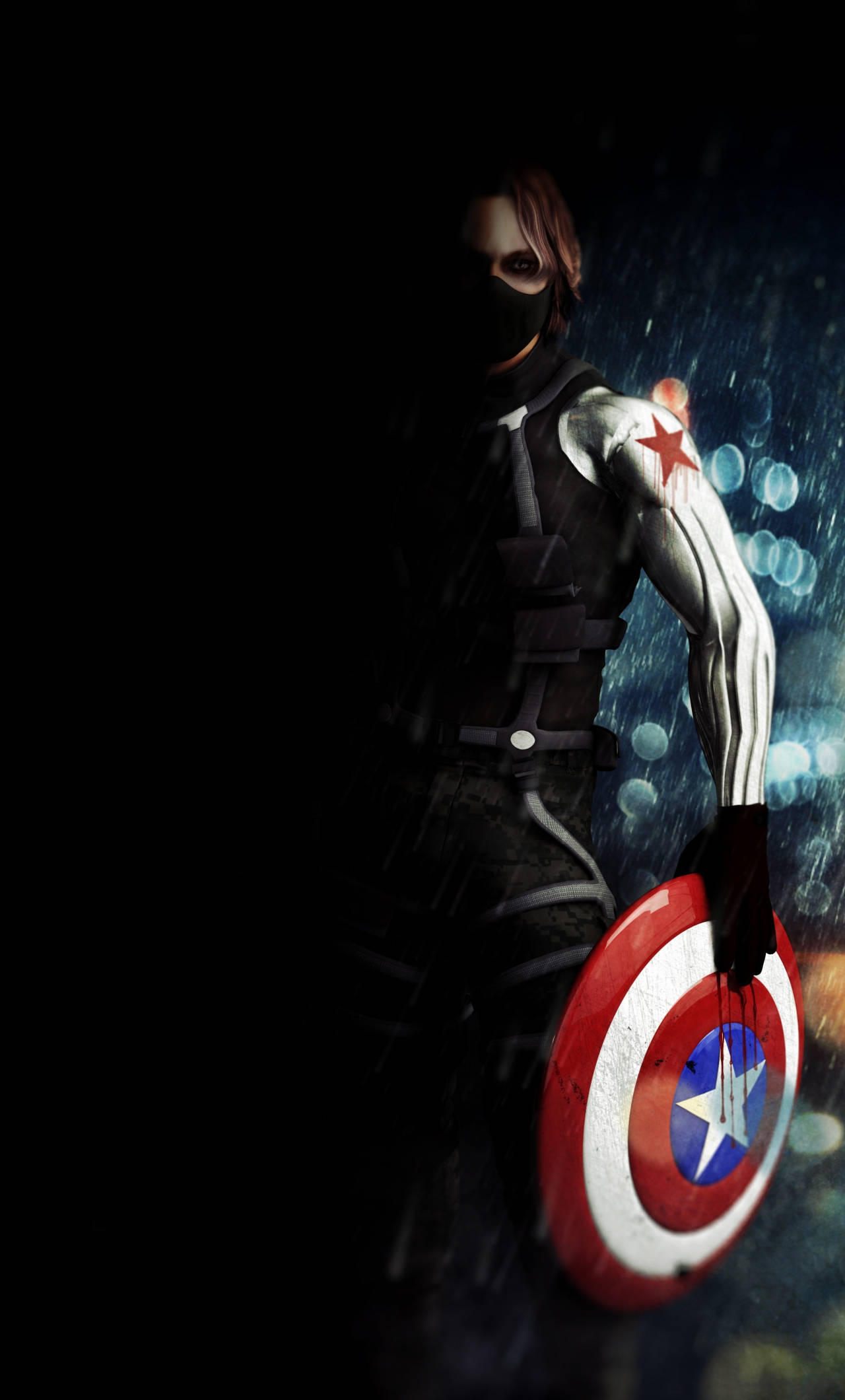 Winter Soldier 桌布 壁紙 — 一名戴著面具、身穿黑色裝備的士兵在雨夜的城市燈光下舉著一面紅、白、藍色的盾牌。