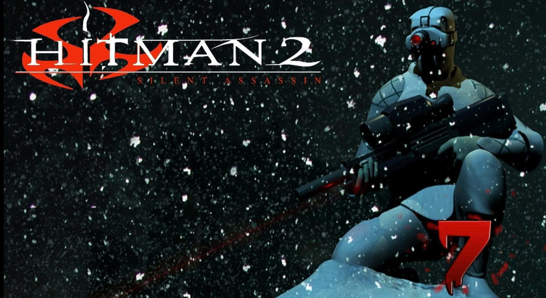 Hitman 2 桌布 壁紙 — 一名戴著面具的刺客身穿灰色戰術裝備蹲在雪地中，手持步槍，背景是黑暗星空，並帶有遊戲標題文字。