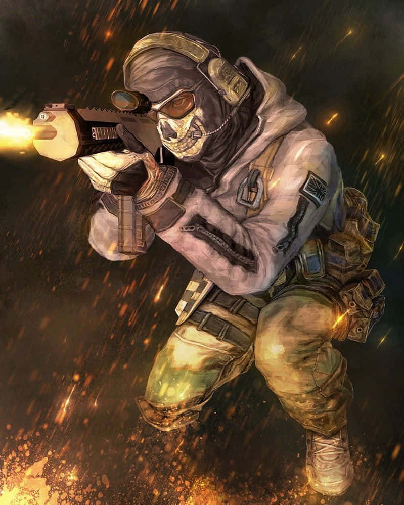 Simon Ghost Riley 桌布 壁紙 — 一名戴著面具的士兵身穿戰術裝備，在黑暗的戰場上，於飛舞的火花和熾熱的餘燼中開火。