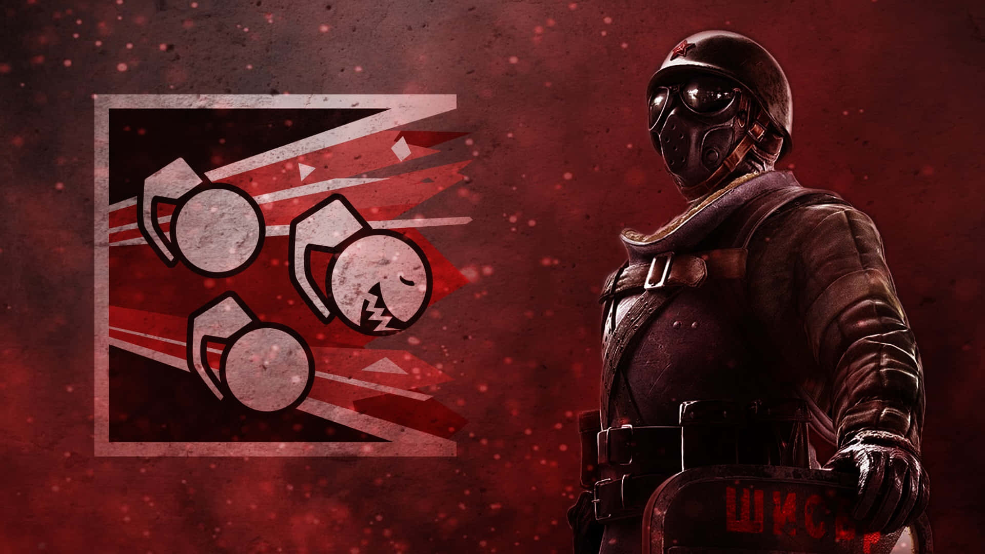 Rainbow Six Siege Fuze 桌布 壁紙 — 一名戴著面具的士兵身穿黑色裝備，站在一個風格化的標誌旁邊，背景是粗糙的紅色，帶有漂浮的粒子。