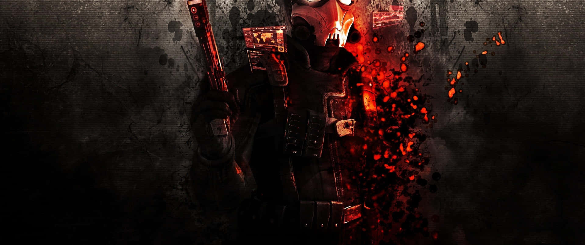 poster 桌布 壁紙 — 一名戴著面具的士兵身穿黑色裝備，手持武器，紅色能量從他的胸口爆發，背景是粗糙的紋理牆壁。