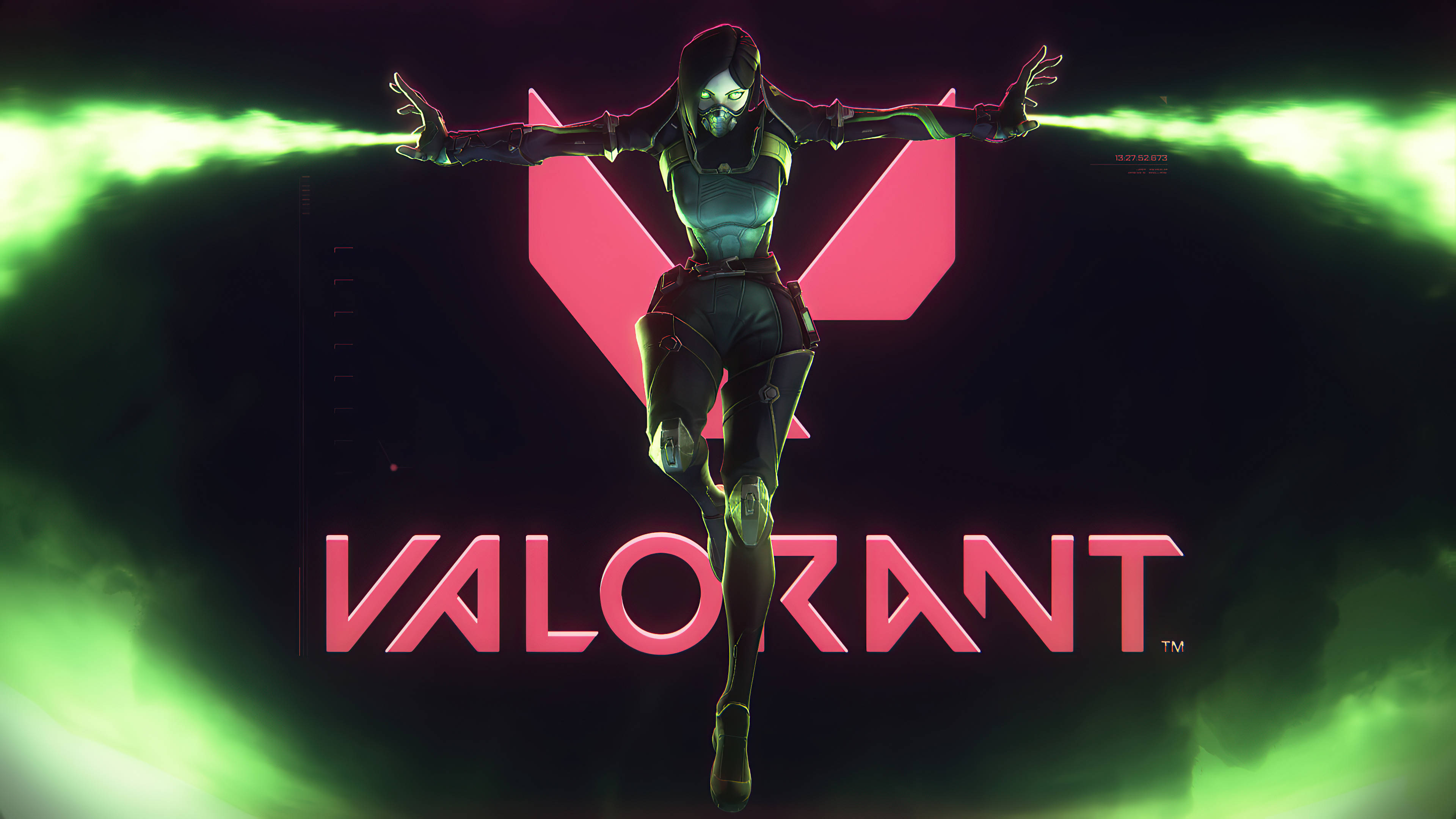Valorant 4K 壁紙 桌布 壁紙 — 一名戴著面具的女性特工身穿戰術裝備向前躍進，伸出的雙手爆發出發光的綠色能量光束，背景為深色，帶有粉紅色的Valorant標誌。