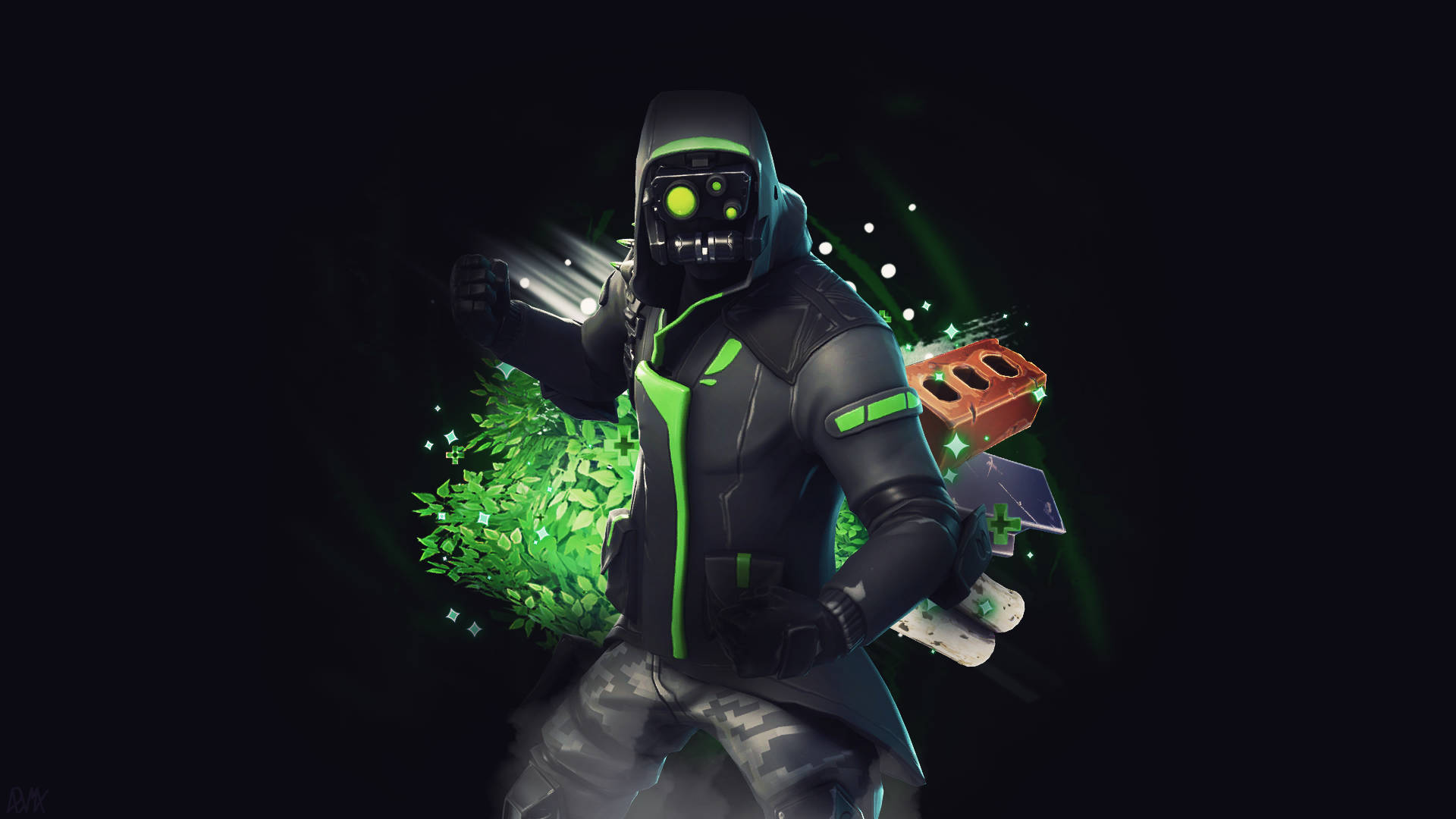 Cool Fortnite 桌布 壁紙 — 一名戴著面具的戰士，身穿黑色和螢光綠色盔甲，站在黑暗背景前，周圍有發光的綠色樹葉和漂浮的遊戲物品。