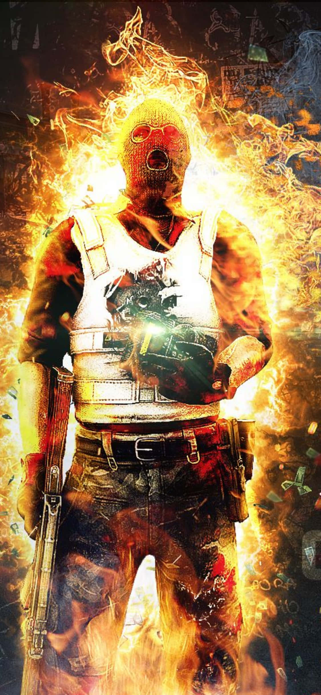 iPhone Xs Counter-strike Global Offensive 桌布 壁紙 — 一名戴著面具的戰士被熊熊烈火包圍，在黑暗混亂的背景中揮舞著發光的武器。