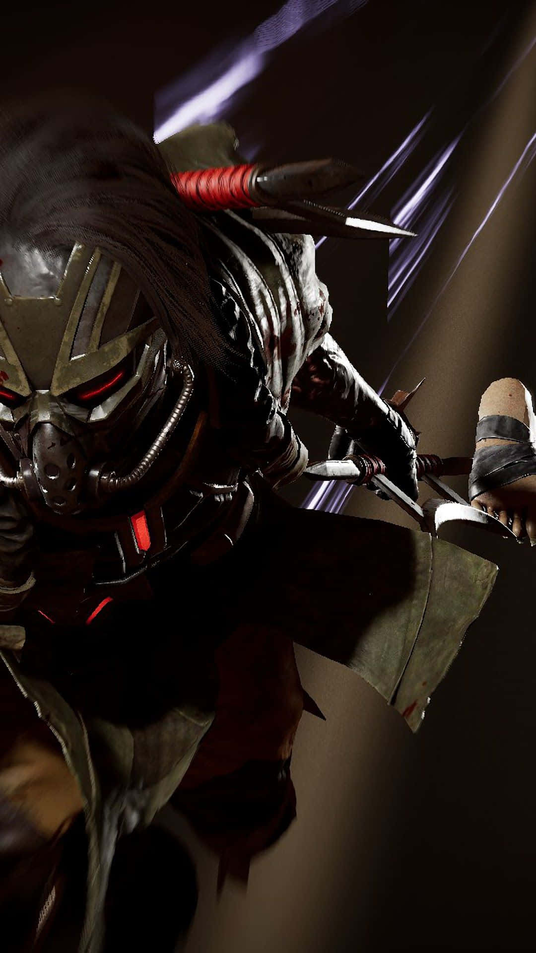 Mortal Kombat Kabal 桌布 壁紙 — 一名戴著面具的戰士身穿暗色盔甲，雙眼發出紅光，手持染血刀刃，在紫色和黑色條紋背景中向前猛衝。