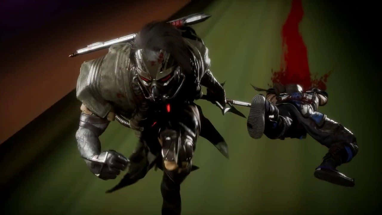 Mortal Kombat Kabal 桌布 壁紙 — 一名戴著面具的戰士身穿暗色盔甲，持刀向前猛衝，另一名戰士被向後拋向帶有紅色飛濺的綠色牆壁。