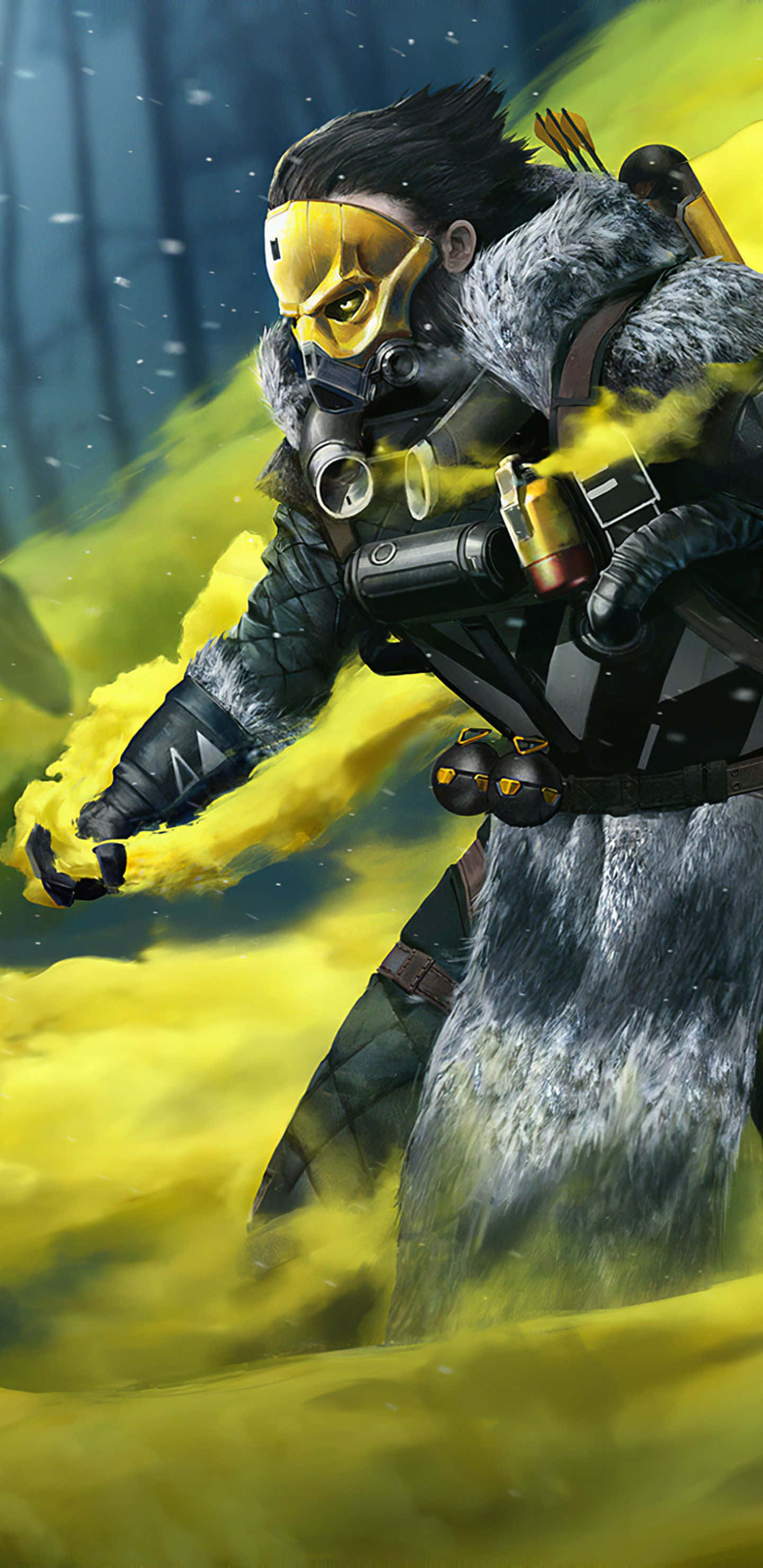 Pixel 3xl Apex Legends 桌布 壁紙 — 一名戴著面具的戰士身穿毛皮襯裡的盔甲，在黑暗森林中旋轉的有毒迷霧中揮舞著發光的黃色能量武器。