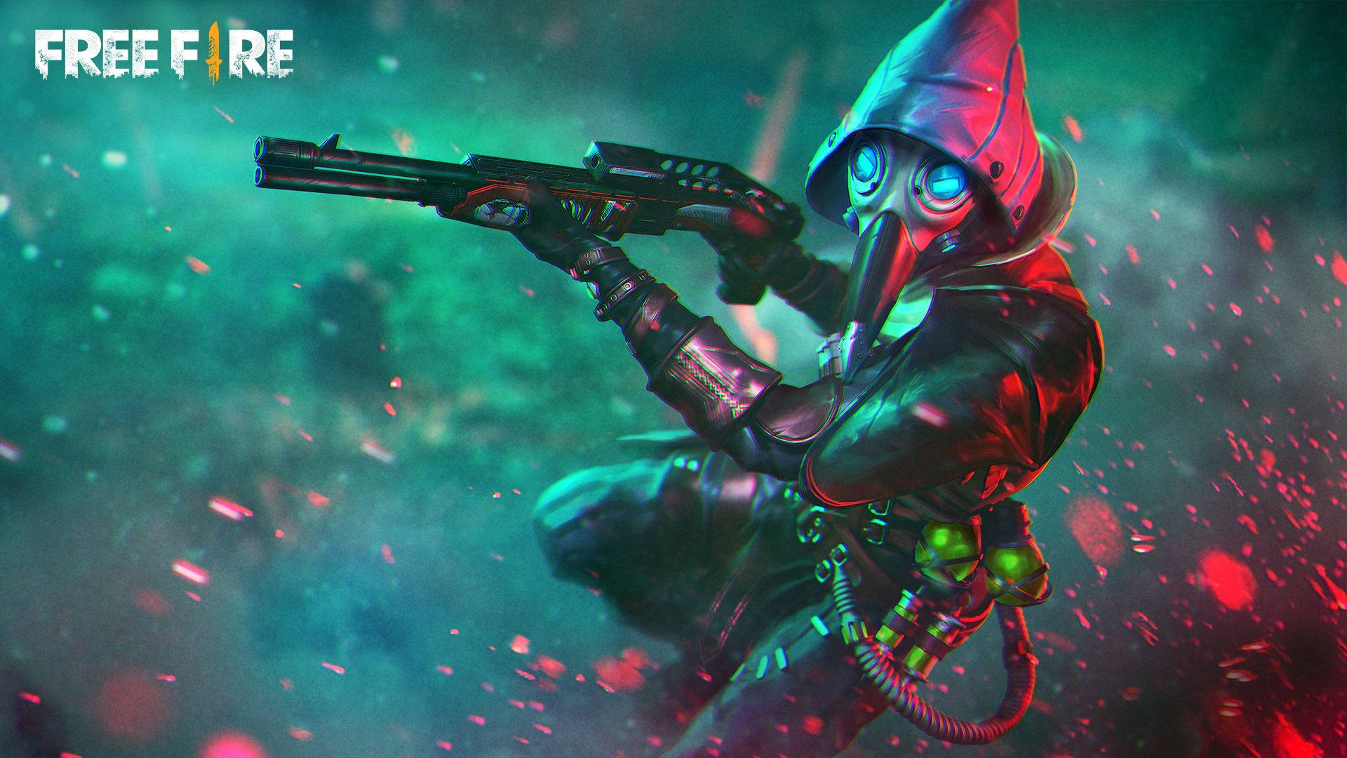 Free Fire 桌布 壁紙 — 一名戴著面具的戰士身穿瘟疫醫生裝束，在發光的綠色和紅色粒子中，於數位遊戲場景中瞄準霰彈槍。