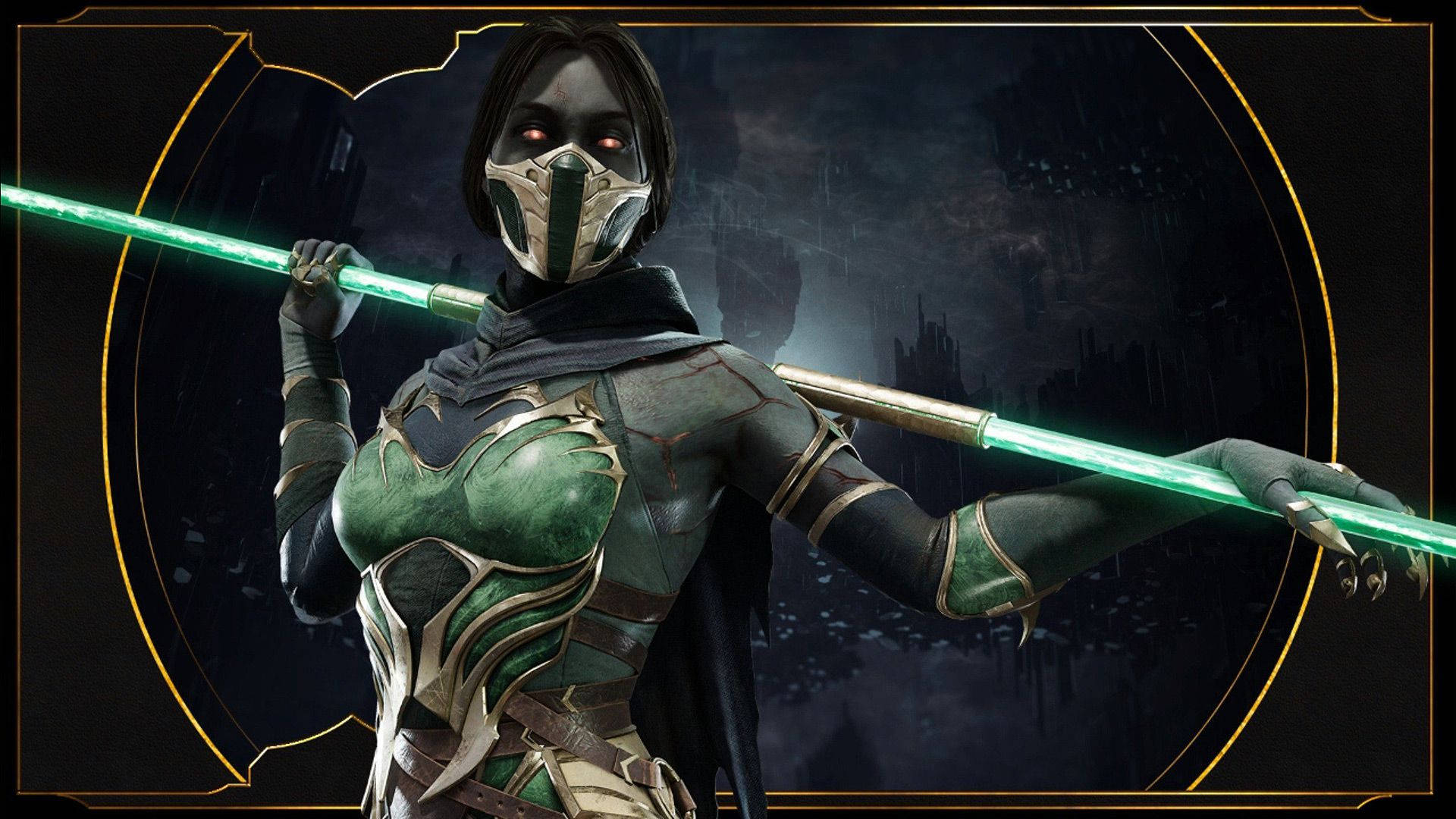 Mk11 桌布 壁紙 — 一名戴著面具的戰士身穿綠色和金色盔甲，在黑暗下雨的城市背景下揮舞著發光的綠色法杖。