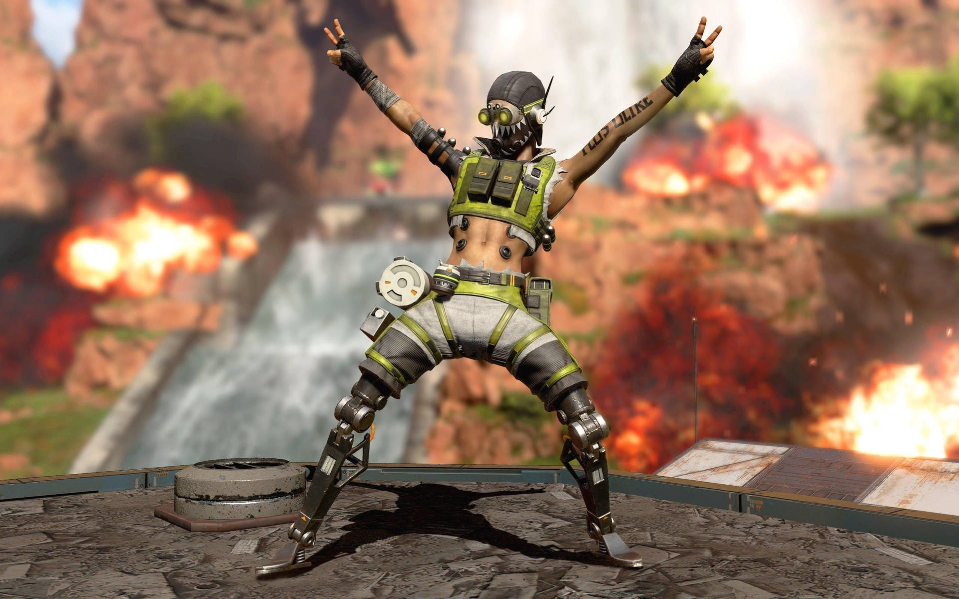 綠色裝備的戰士在爆炸和瀑布中慶祝勝利。 — Apex 英雄 GIF 壁紙