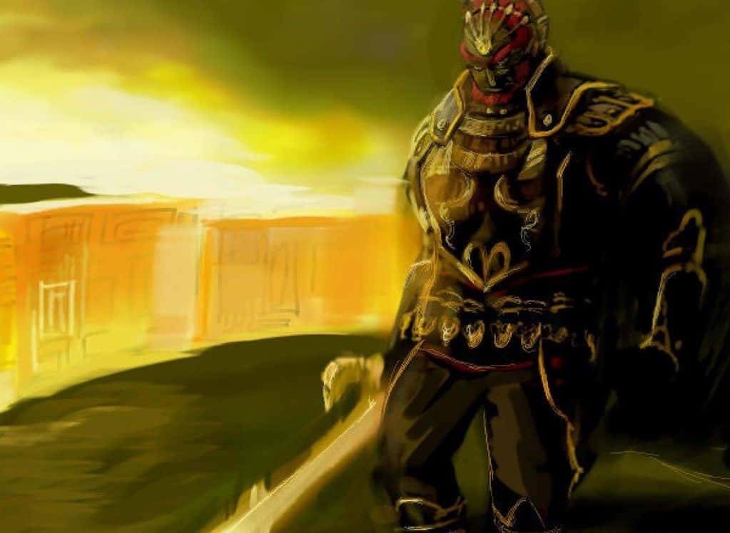 Ganondorf 桌布 壁紙 — 一名戴著面具的戰士身穿華麗的暗色盔甲，在熾熱的日落背景下手持發光的劍。