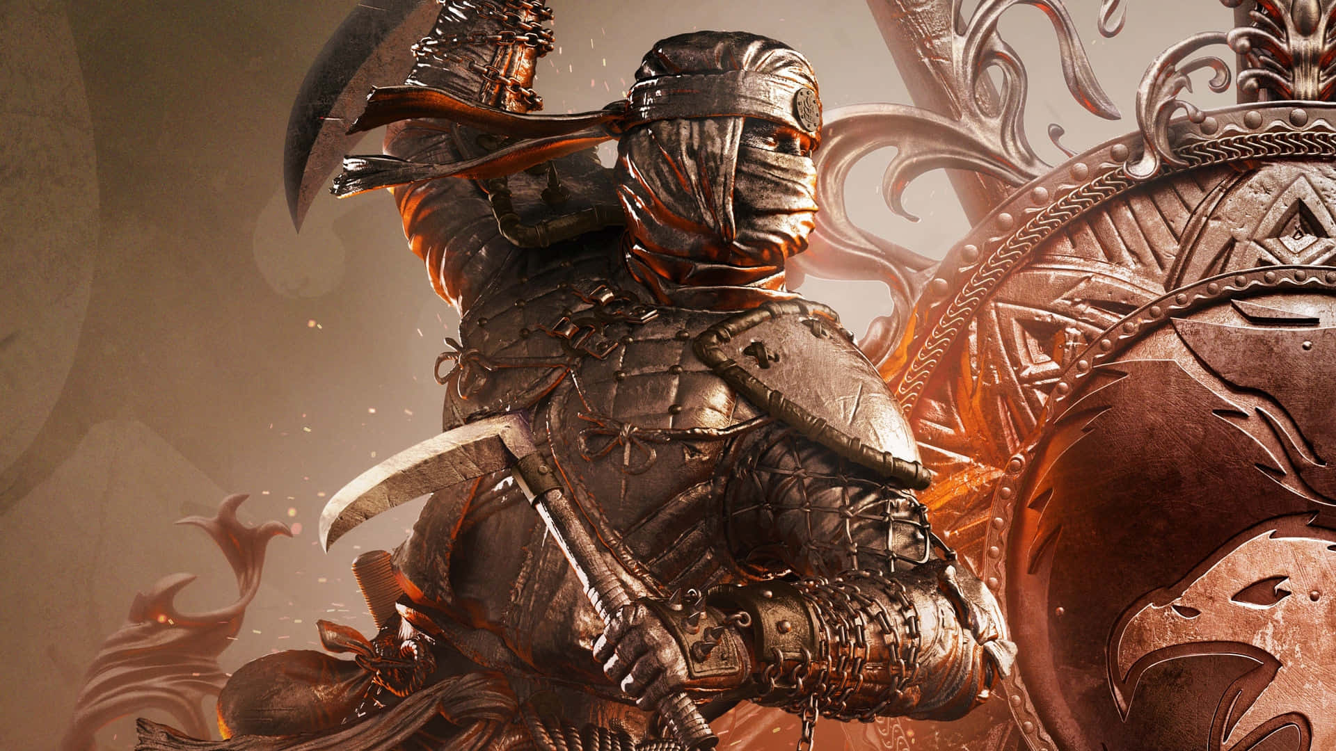 Female Samurai For Honor 桌布 壁紙 — 一名戴著面具的戰士身穿華麗盔甲，在旋轉火焰圖案和複雜盾牌的背景下揮舞著彎曲的刀刃。