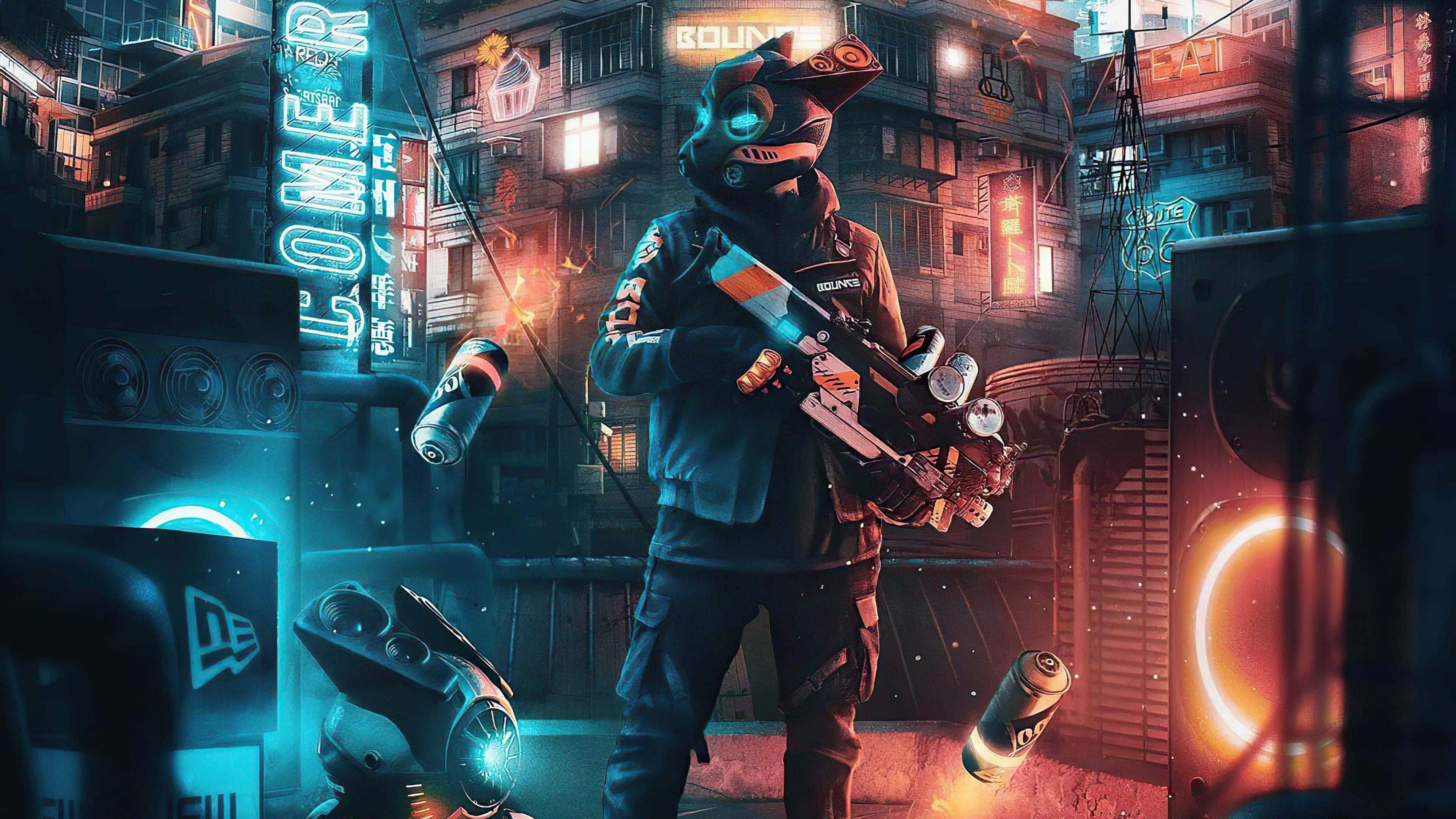 機器人 桌布 壁紙 — 一名戴著面具的未來士兵站在霓虹燈閃爍的賽博龐克城市景觀中，手持發光武器。