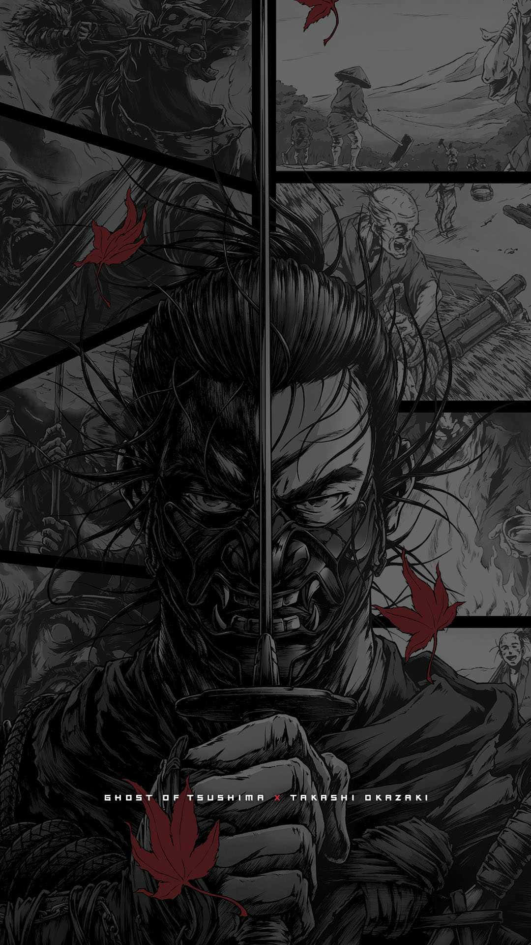 電玩遊戲 桌布 壁紙 — 一名戴著面具的武士戰士握著劍，紅色楓葉在黑暗的漫畫面板背景中飄落。