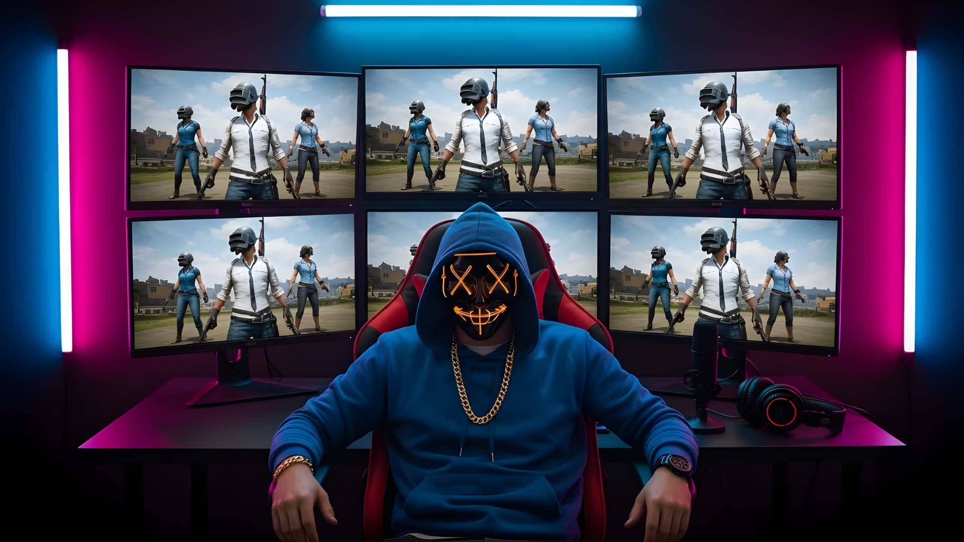 Gamer in Mask with Multiple Monitors 壁紙 — 一名戴著面具的玩家身穿藍色連帽衫，坐在紅色椅子上，周圍環繞著六個顯示器，顯示帶有霓虹粉紅色和藍色燈光的電子遊戲場景。
