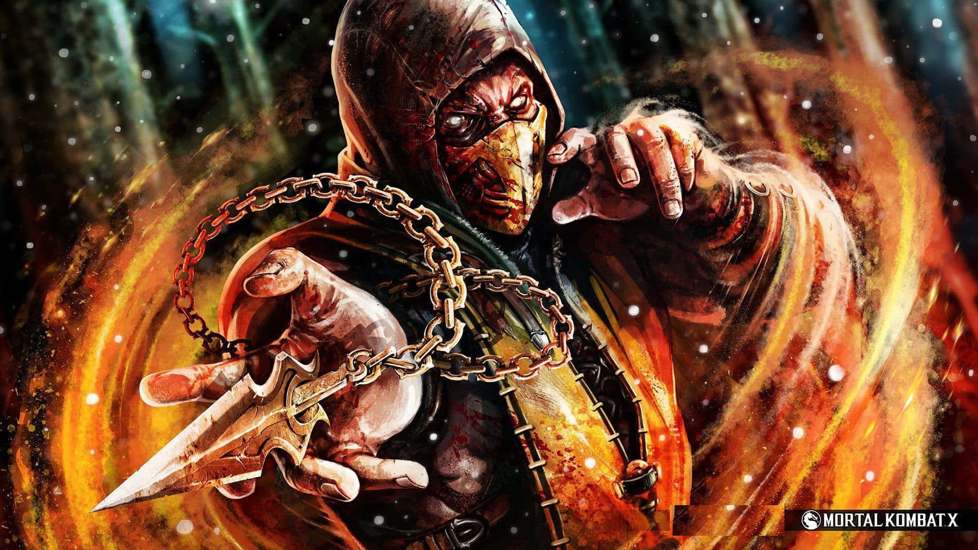 Mortal Kombat X 桌布 壁紙 — 一名戴著頭巾、臉戴面具的戰士，在旋轉的熾熱宇宙背景下揮舞著一把帶鎖鏈的匕首。