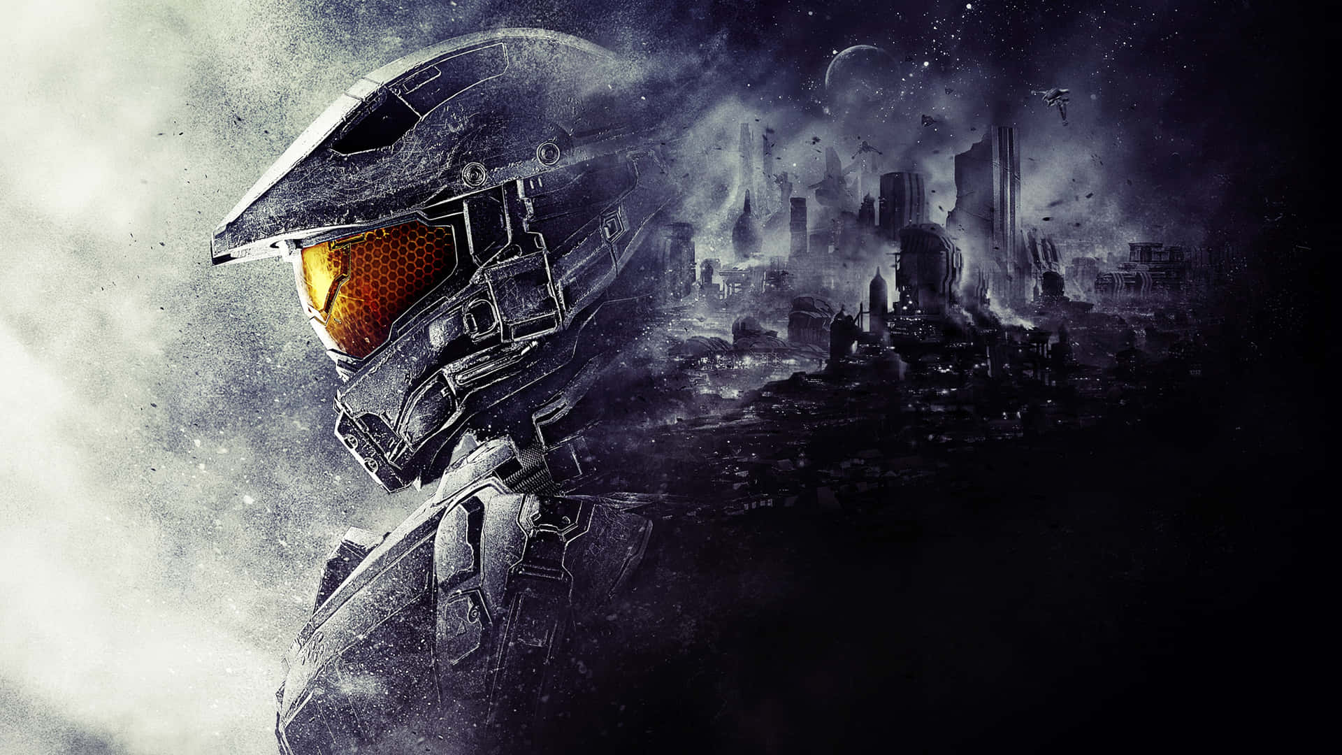 All Games 桌布 壁紙 — 一名戴著頭盔、帶有發光橙色面罩的斯巴達戰士站在星空下廢墟般的未來城市前。